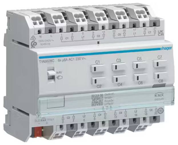Reléový modul s osmi spínači, vhodný pro 230 V AC. Firemní logo nahoře vpravo. Svorky očíslované od C1 do C8 dole.
