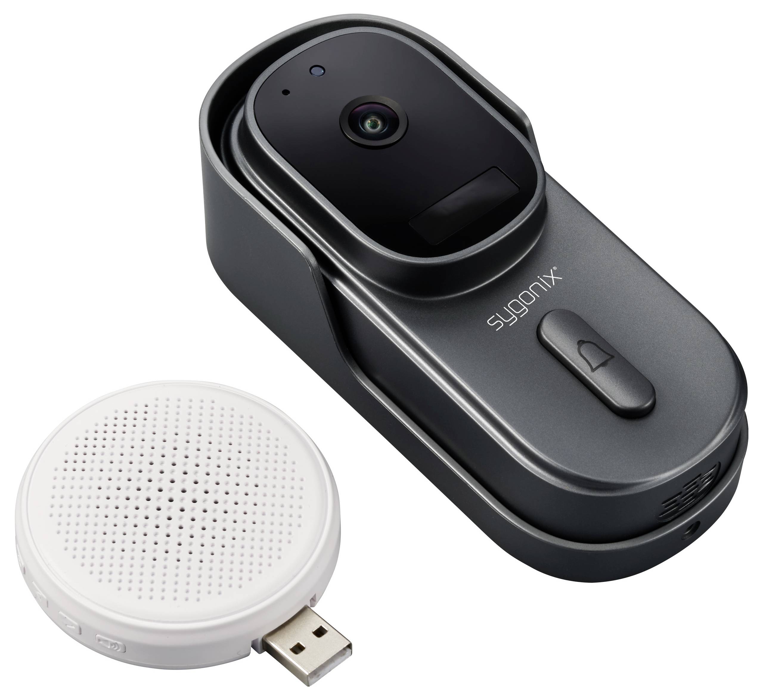 Bezpečnostní systém s kamerou a reproduktorem. Kamera je černá a obdélníková, reproduktor je kulatý a bílý s USB portem.