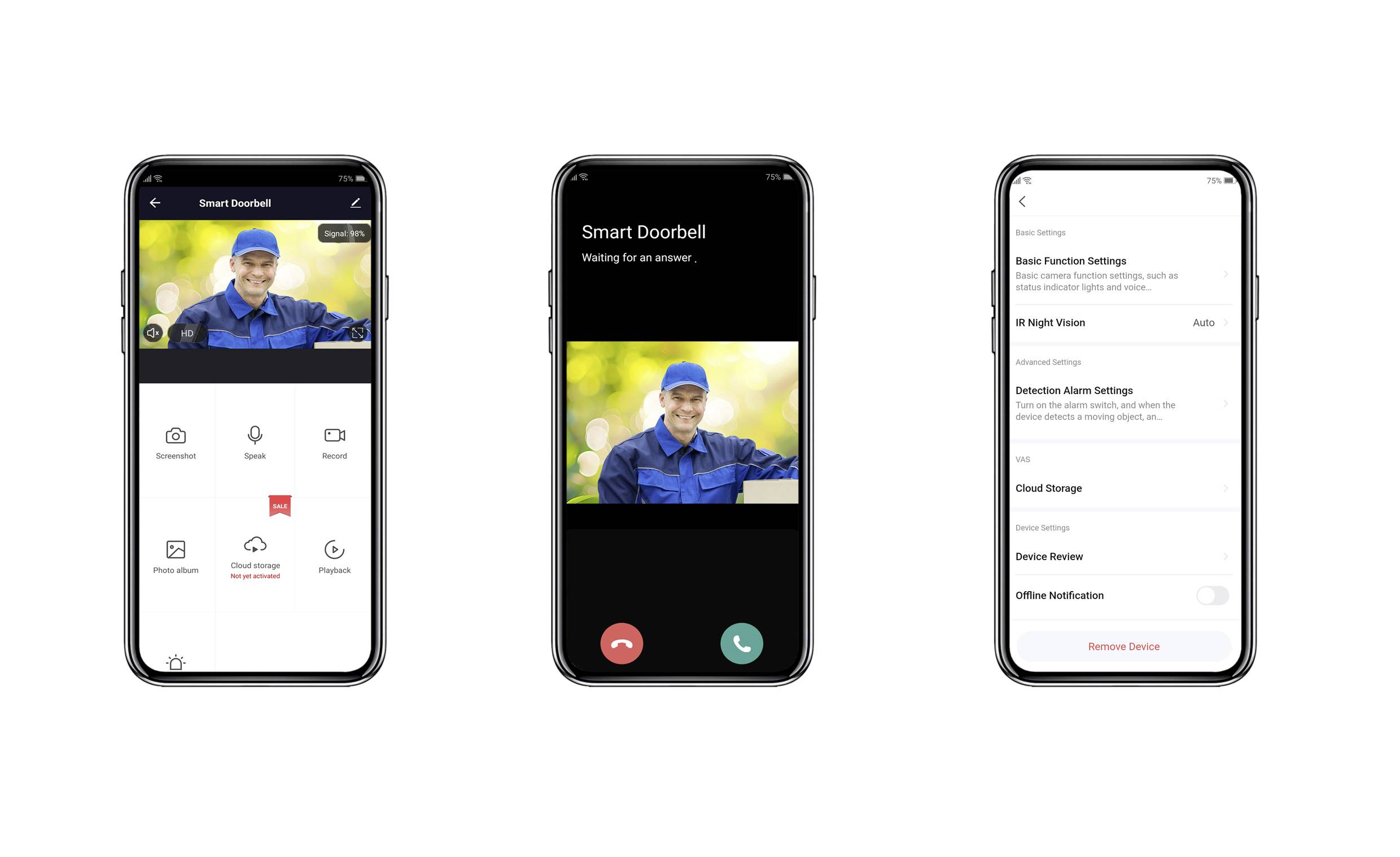 'Tři obrazovky smartphonu zobrazují aplikaci chytré videozvonku: menu, videohovor s osobou v uniformě a nastavení.'