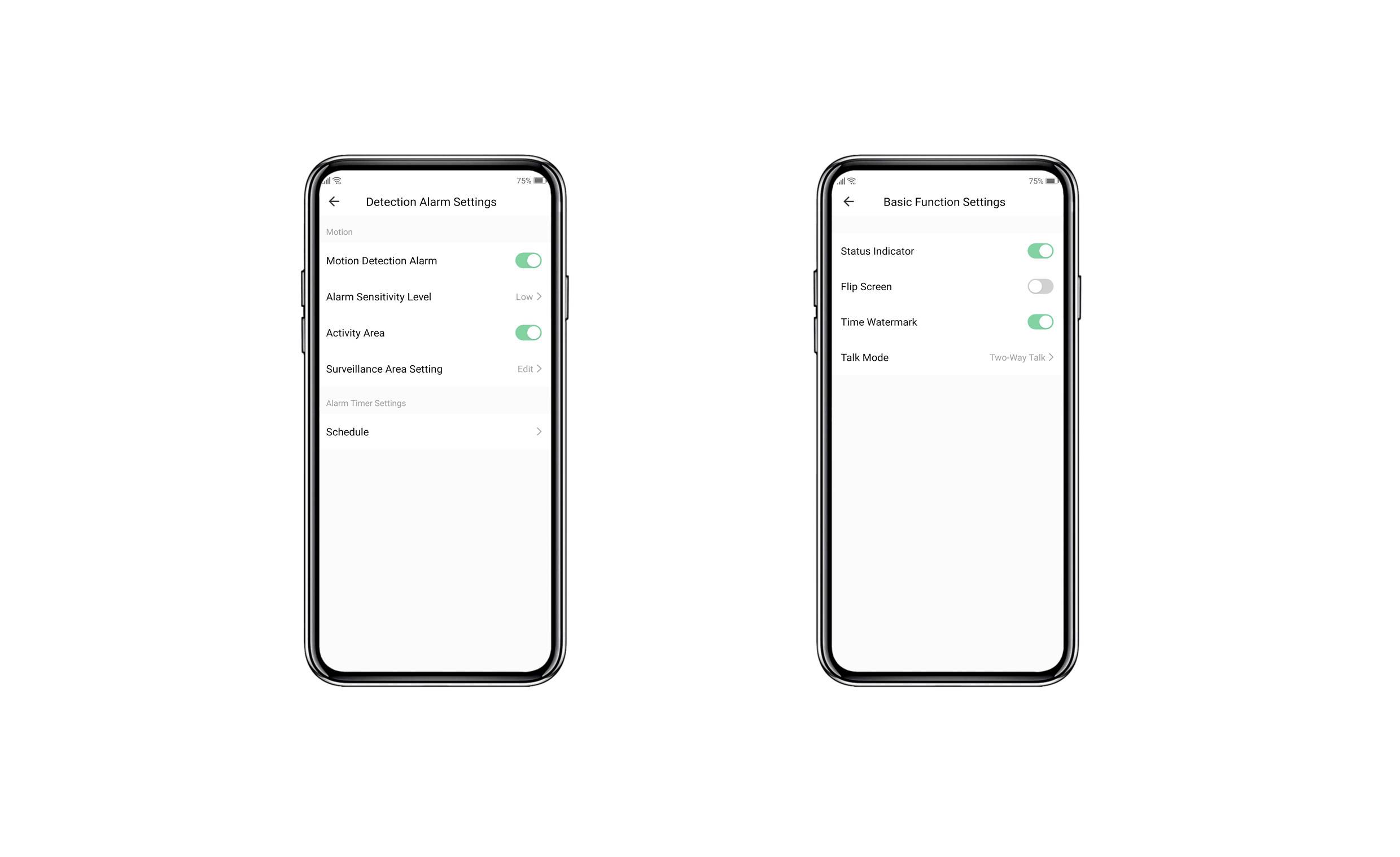 Dva smartphonové obrazovky zobrazují nastavení. Vlevo: 'Nastavení detekčního alarmu' s možnostmi aktivit. Vpravo: 'Základní nastavení funkcí' s možnostmi času a stavu.