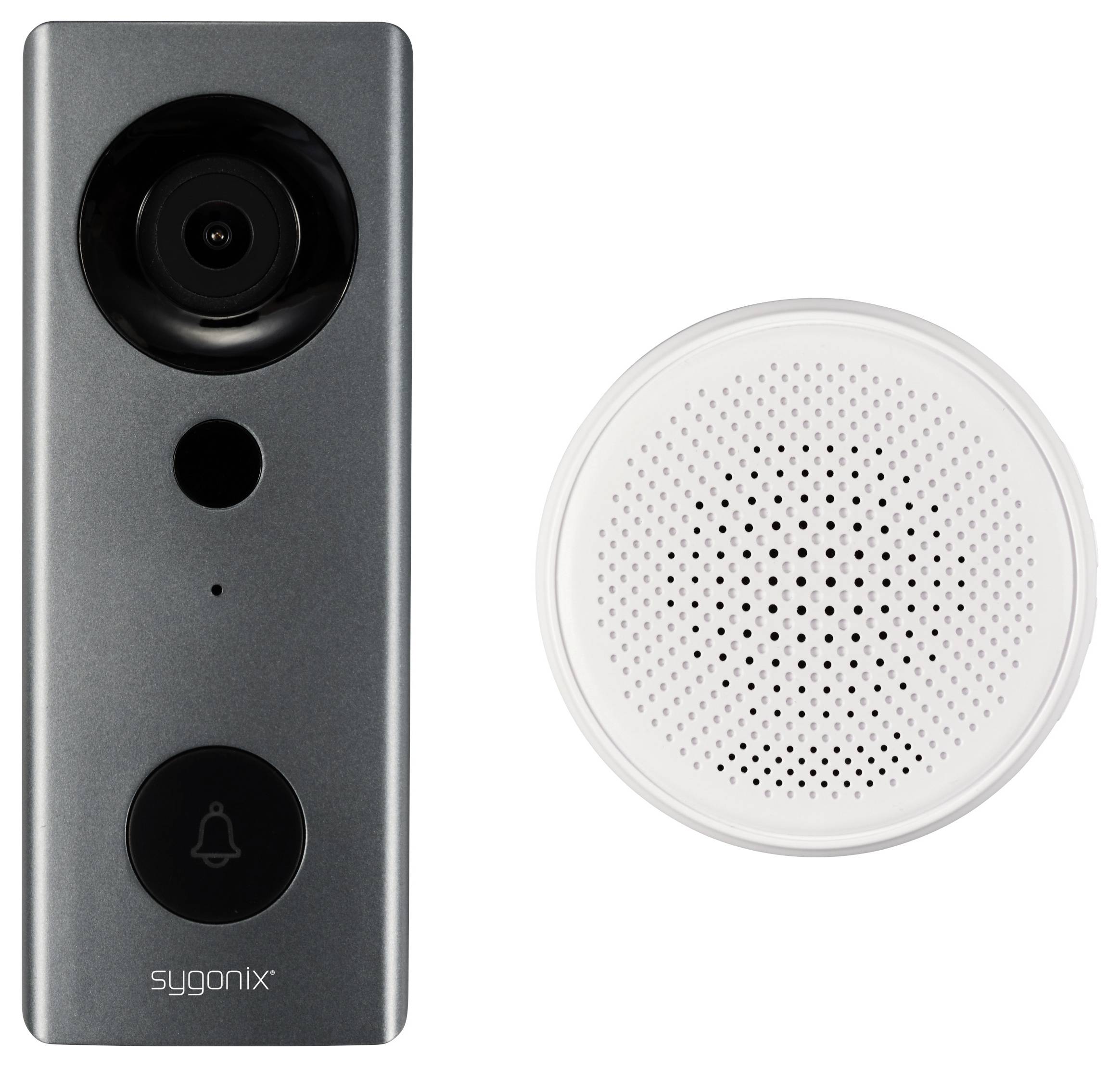 Videotelefon se značkou 'Sygonix' s kamerou, mikrofonem a reproduktorem vlevo; kulatý, bílý reproduktor vpravo.