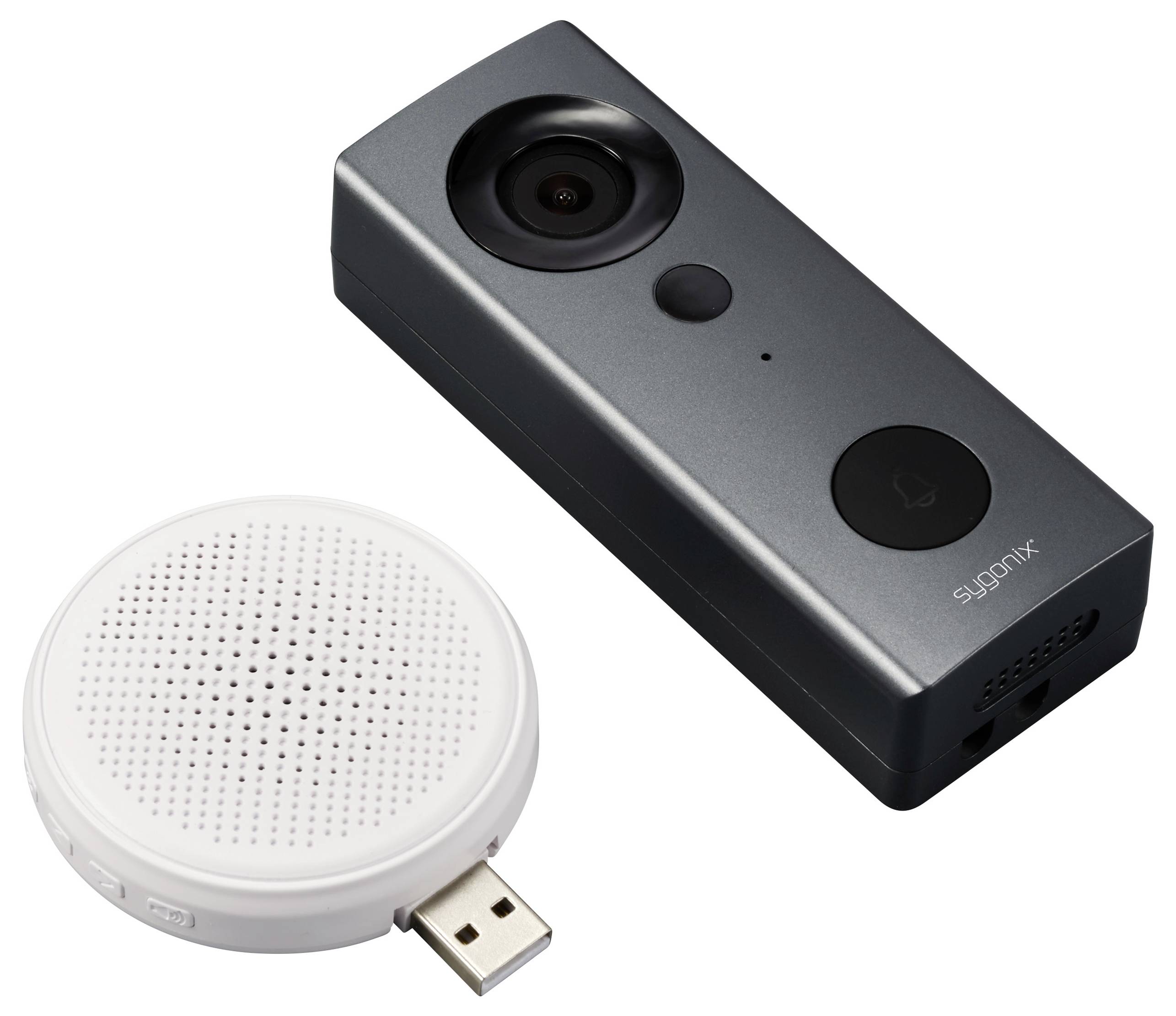 Obdélníkové černé kamerové zařízení a kulatý bílý USB reproduktorový modul, vhodné pro sledovací účely.
