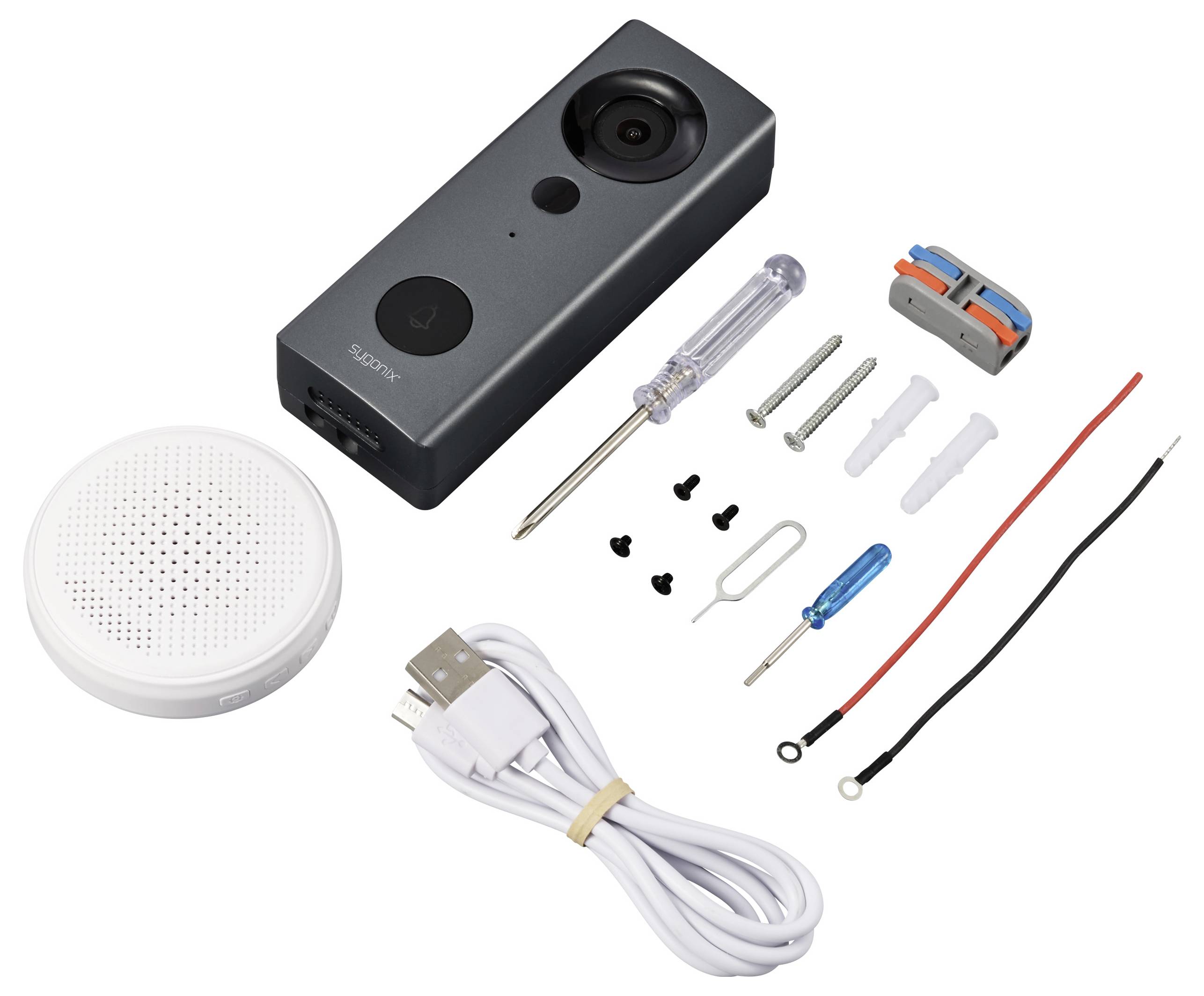 Sada zvonku s kamerou, reproduktorem, šroubovákem, šrouby, hmoždinkami, USB kabelem a vodiči. Obsahuje instalační nástroje.