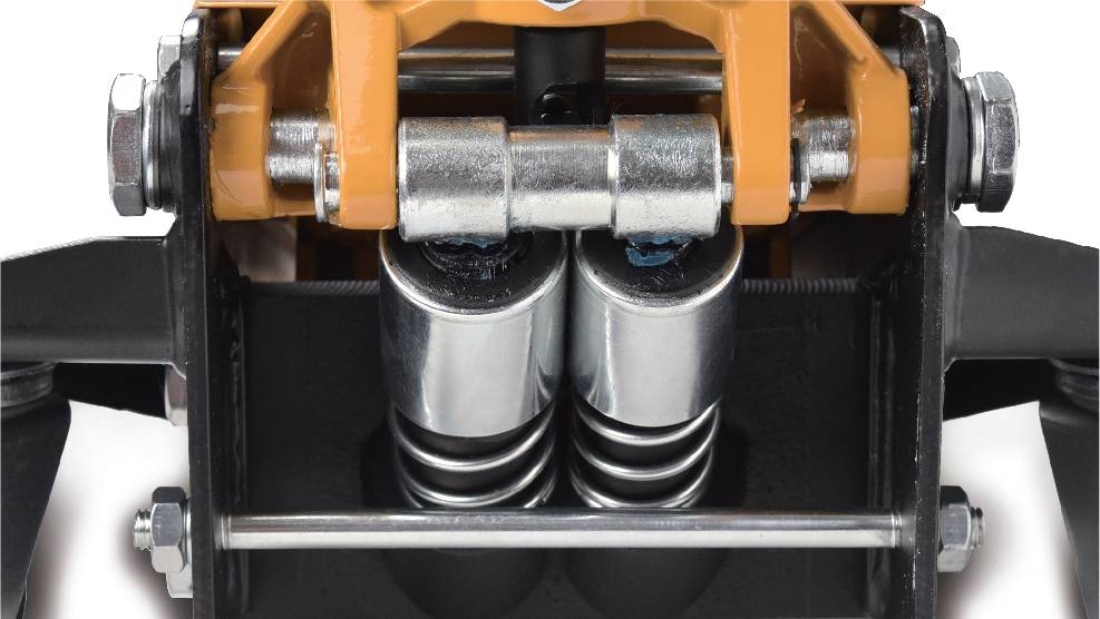 Detailní záběr mechanické komponenty se dvěma viditelnými stříbrnými pružinami, kovovými tyčemi a šrouby, která je součástí většího strojního systému.
