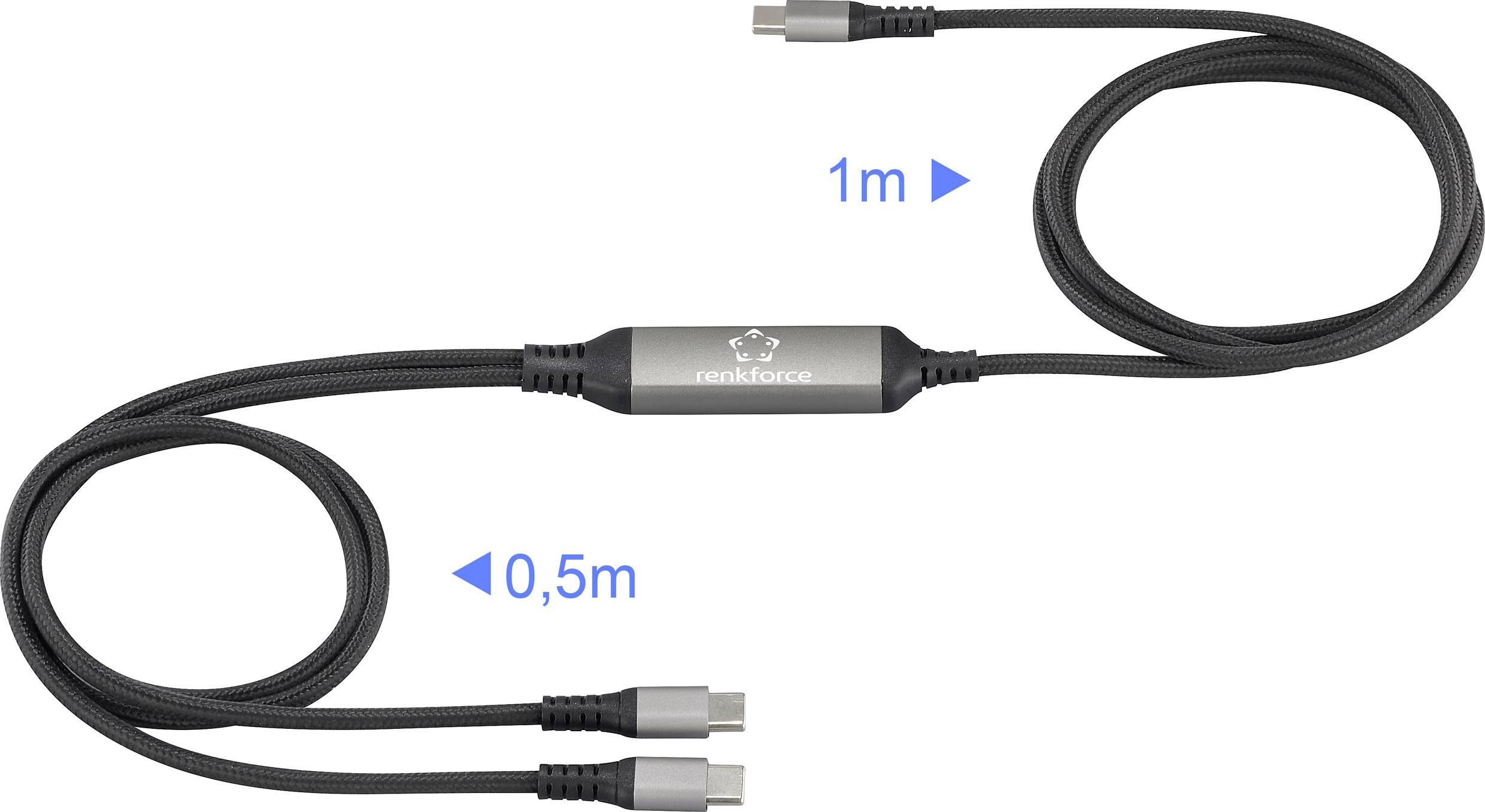 USB-C kabel se dvěma konektory na jedné straně (každý 0,5 m) a jedním konektorem na straně druhé (1 m). Hlavní komunikační kabel pro rychlý přenos dat.