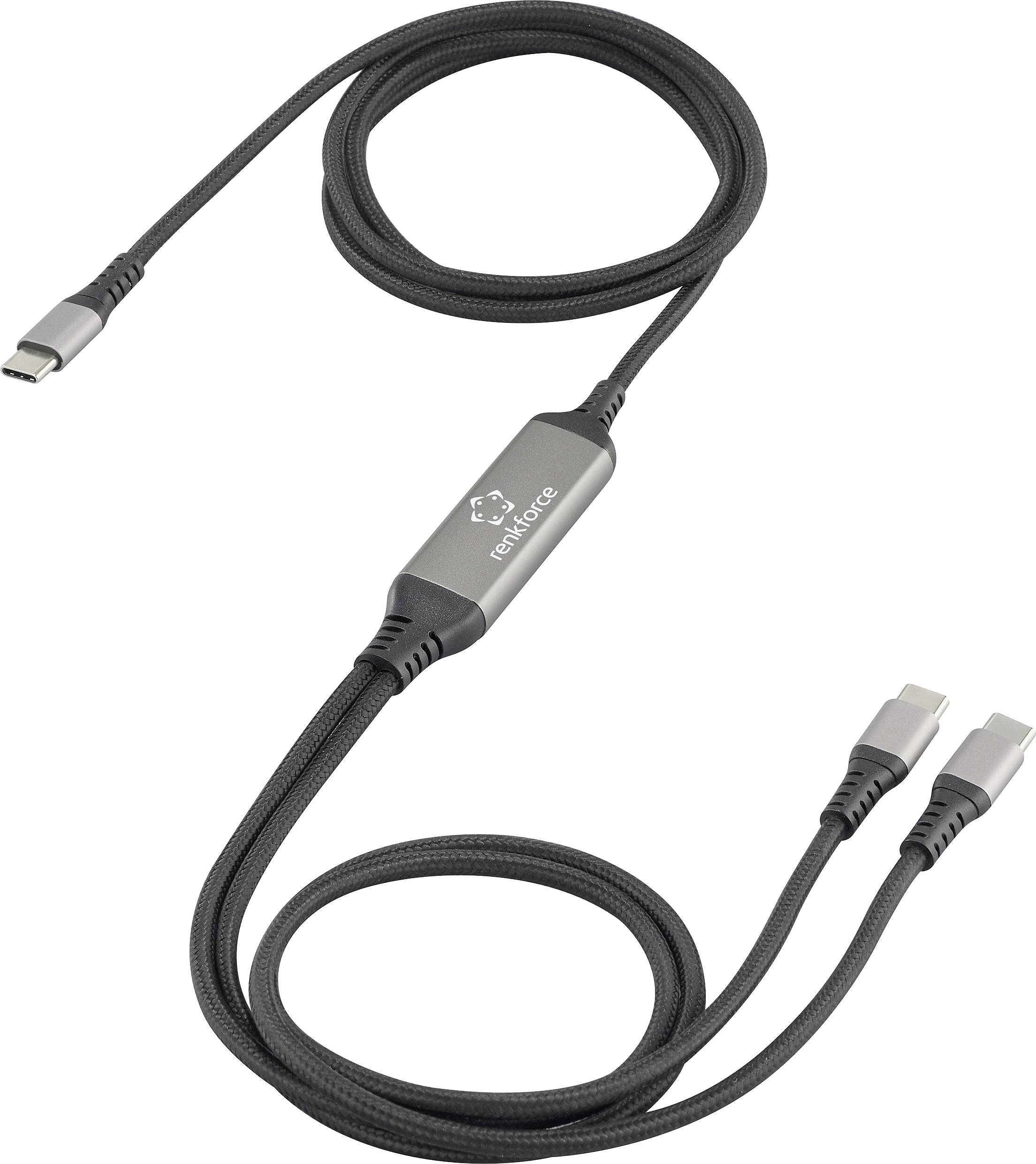 USB-C kabel rozdvojený na dva výstupy. Ideální pro současné nabíjení několika zařízení. Text na kabelu: 'tetchforce'.