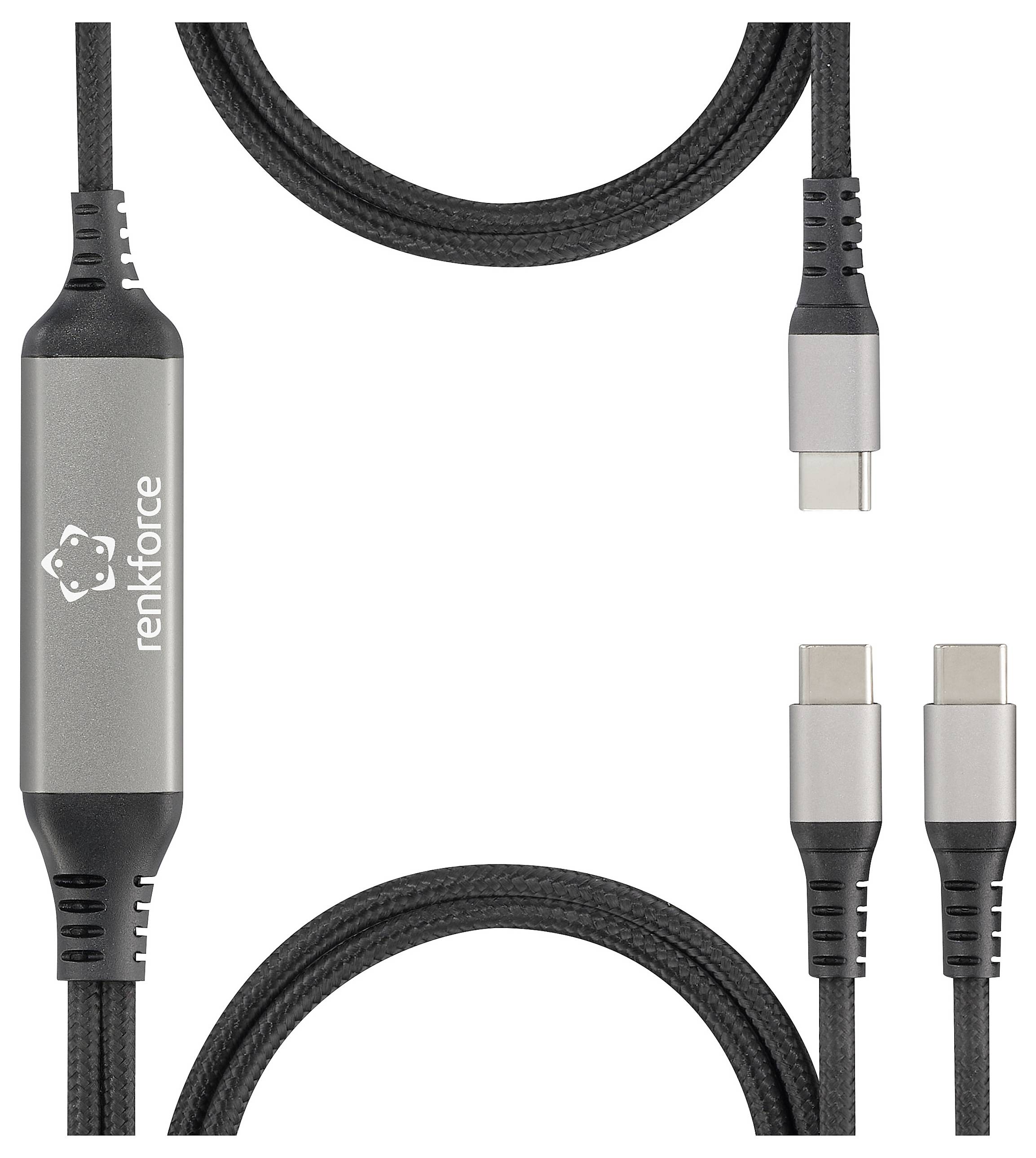 USB-C kabel od Renkforce, černý a šedý, s textilním opletením. Vhodný pro přenos dat a nabíjení.