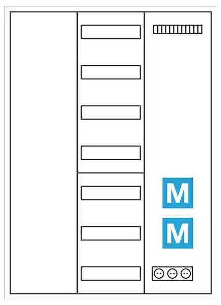Rozvodná skříň s několika spínači. Vpravo jsou dvě modré krabičky s písmenem 'M'. Dole se nacházejí tři připojovací konektory.