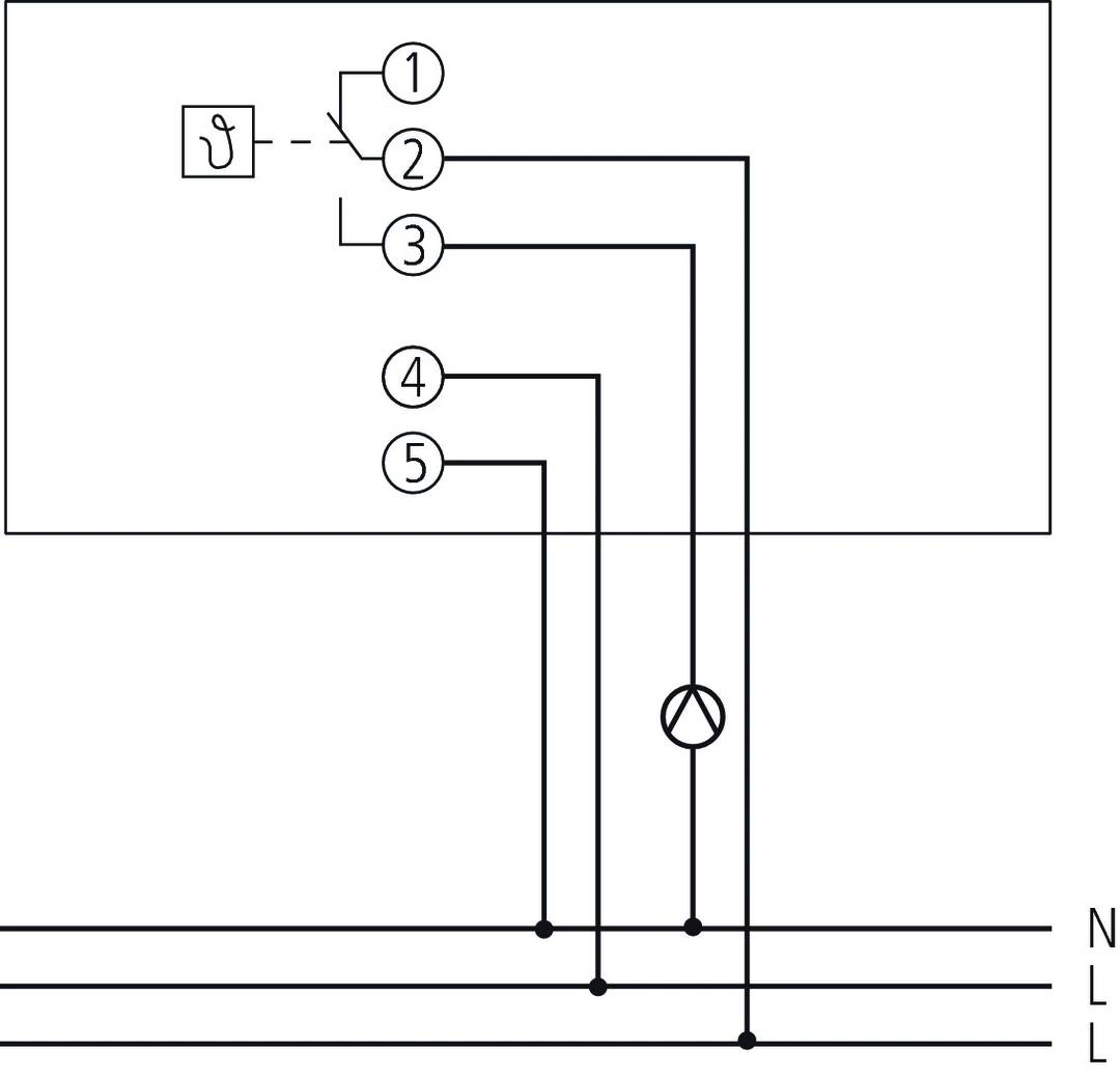 Schematické znázornění elektrického zařízení. Pět očíslovaných vedení propojuje různé elektrické symboly. Světlo se nachází vpravo dole.