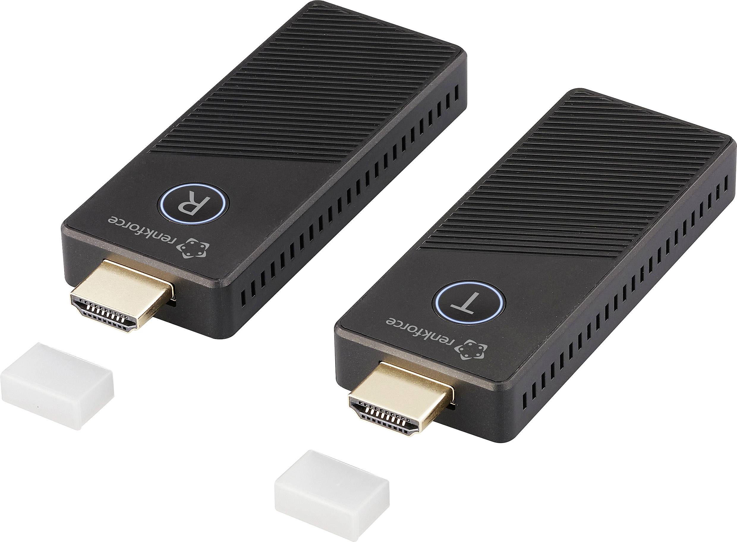 Dva černé HDMI dongly s USB portem, identické ve tvaru a velikosti, na bílém pozadí.