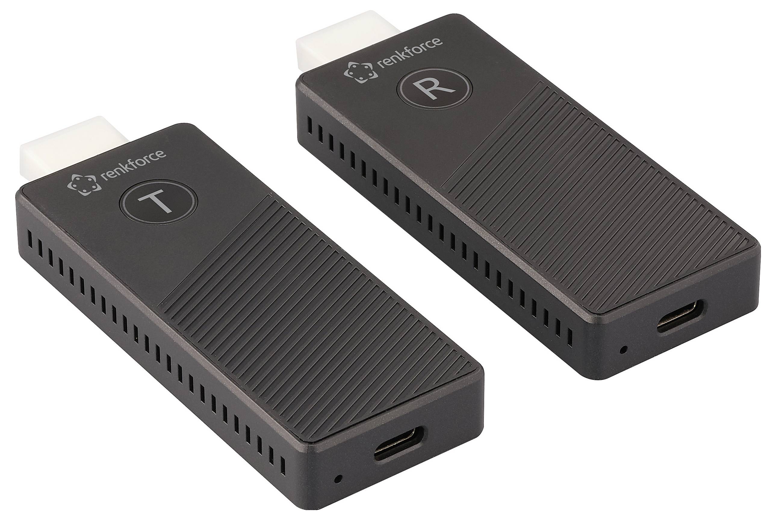Dva černé HDMI bezdrátové adaptéry označené písmeny 'T' a 'R' nahoře, které umožňují bezdrátový přenos mezi zařízeními.