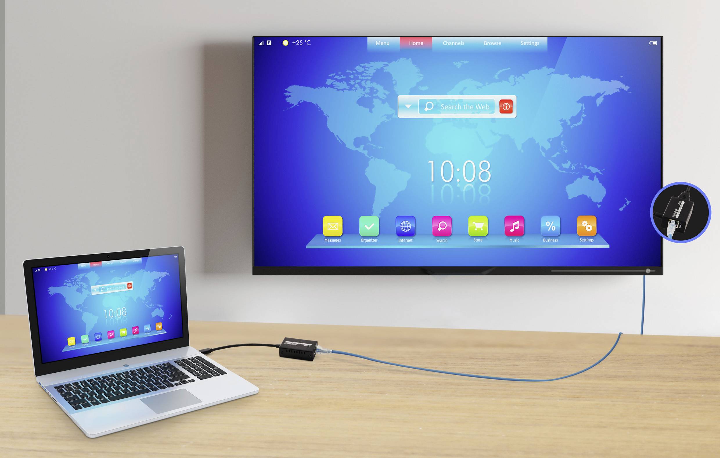 Notebook je pomocí kabelu připojen k televizi. Obě obrazovky zobrazují stejné modře zbarvené pozadí plochy.