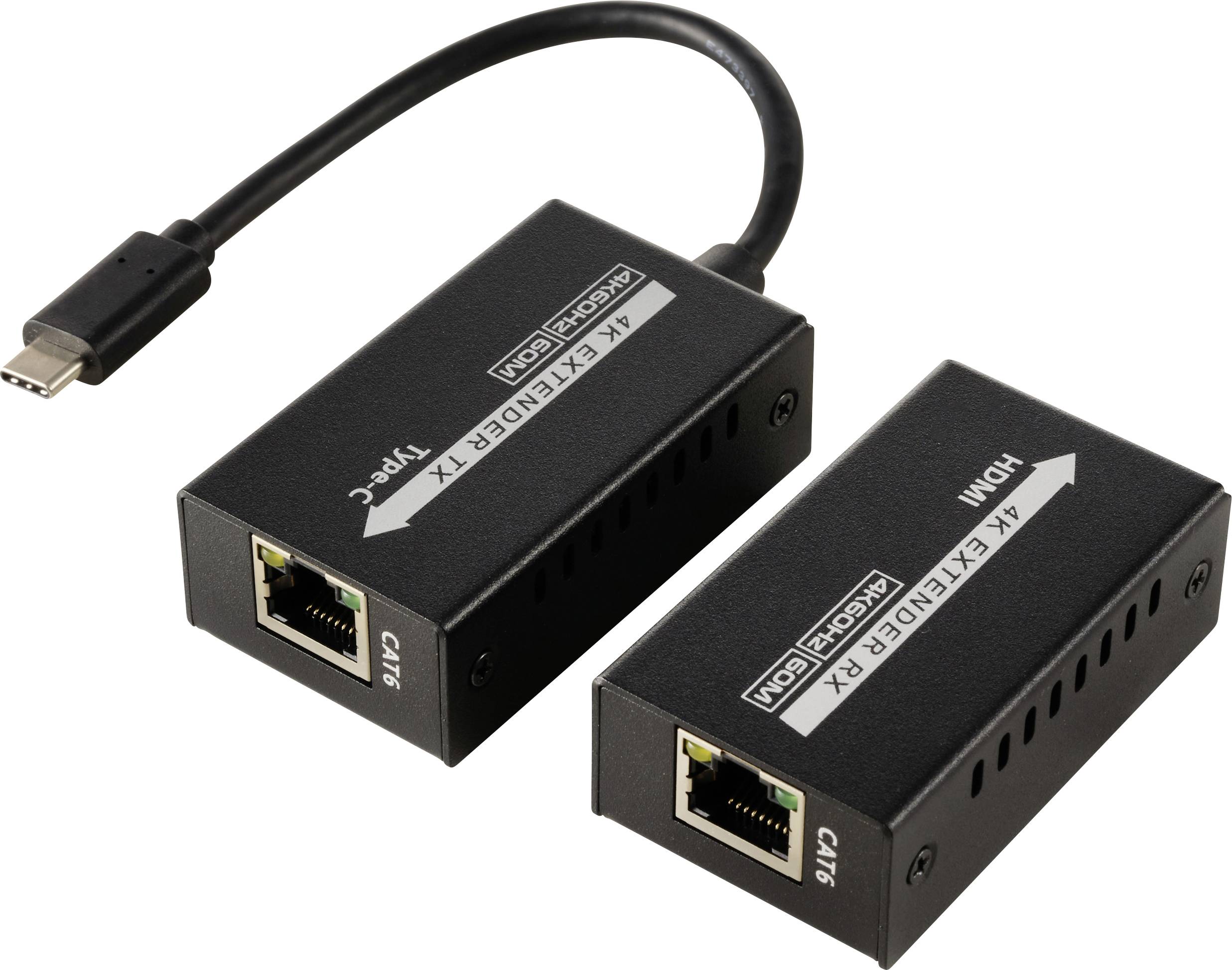 Dva černé síťové konvertory s HDMI porty a USB-C připojovacími kabely. Jsou určeny pro přenos videa přes Ethernet.