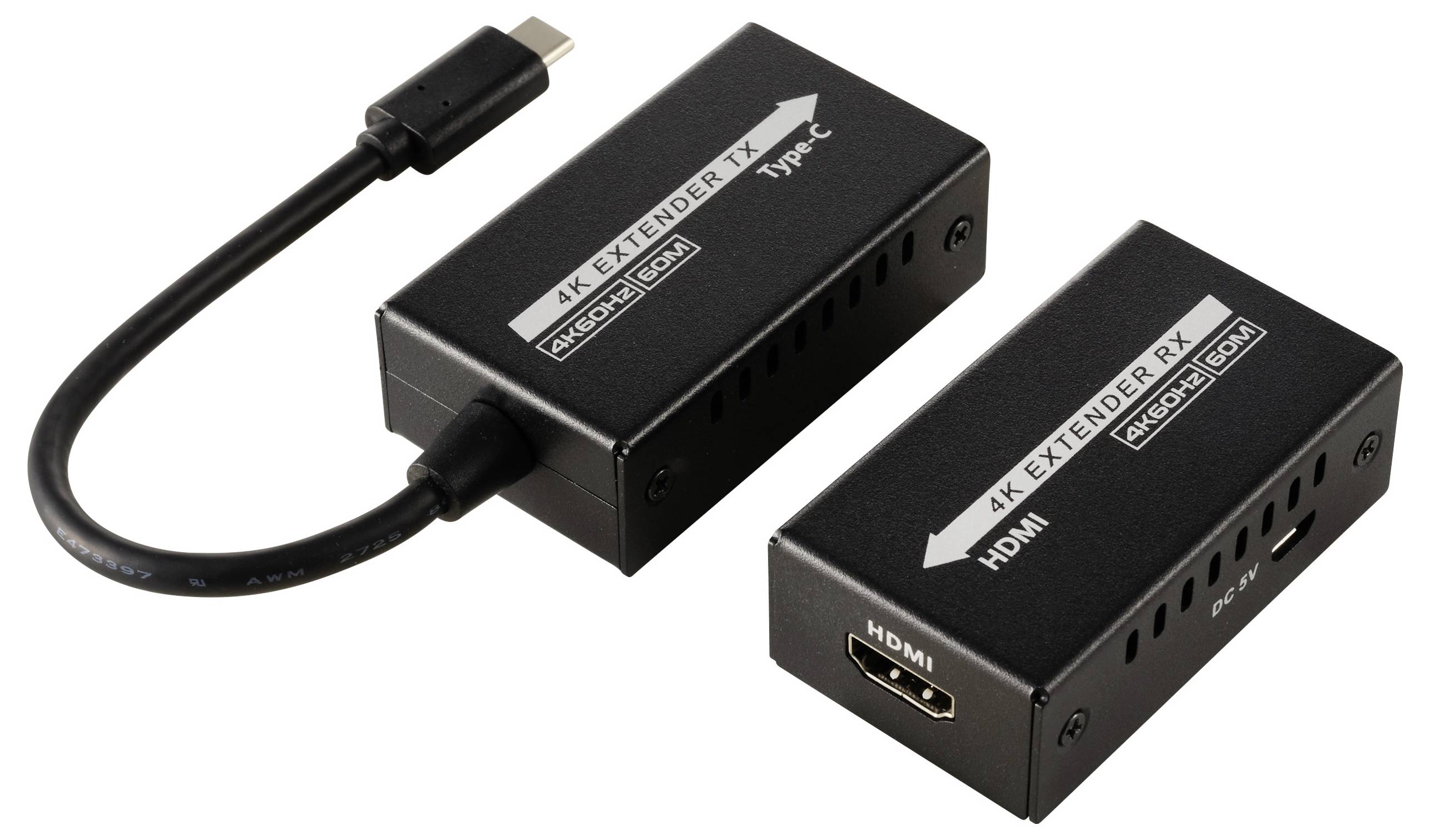 Dva černé 4K extendery s HDMI a USB-C porty, označené štítky '4K EXTENDER TX' a '4K EXTENDER RX'.