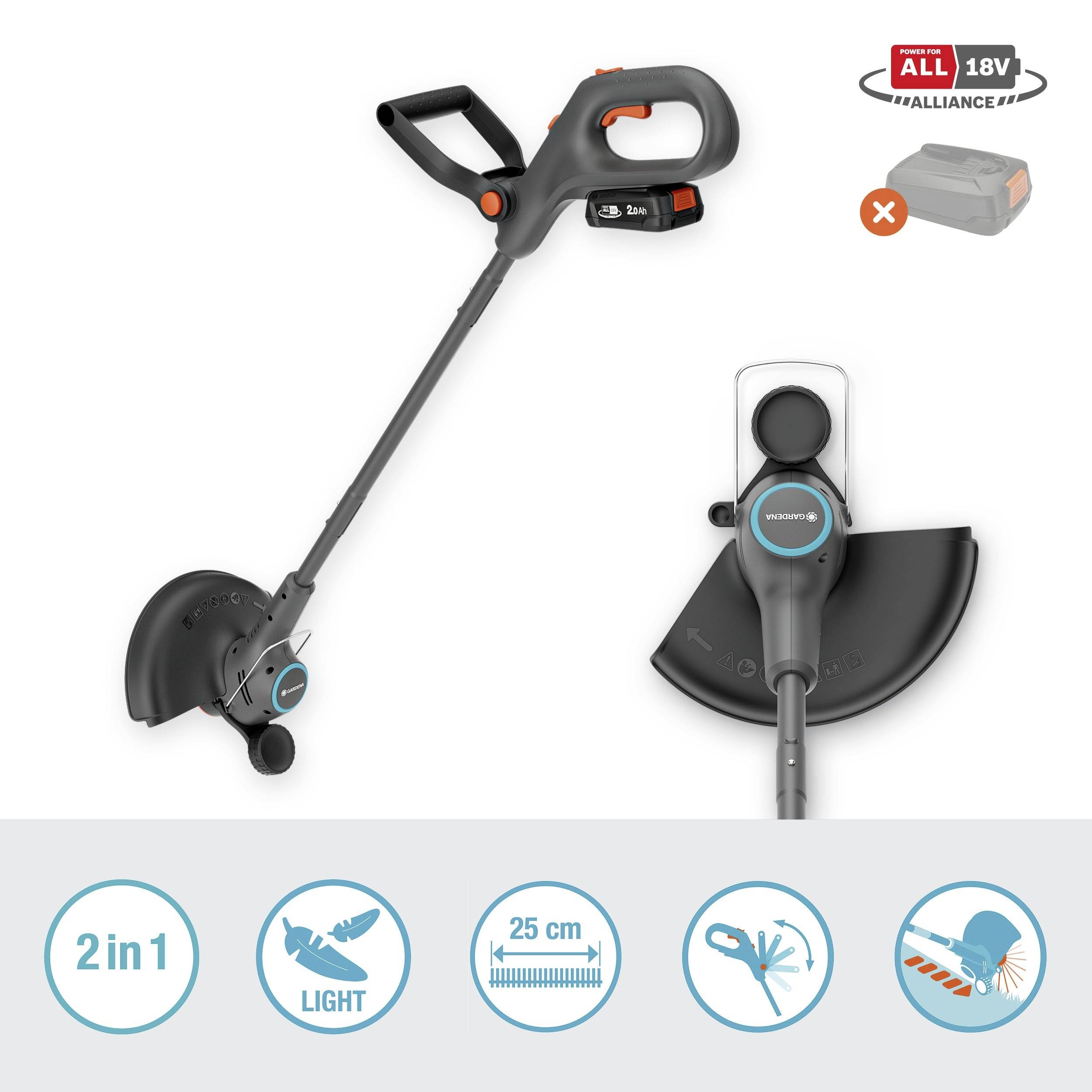 Akumulátorový travní zastřihovač s ergonomickou rukojetí, 2v1 funkce pro sečení a řezání okrajů, délka čepele 25 cm. Vyžaduje akumulátor 18V.