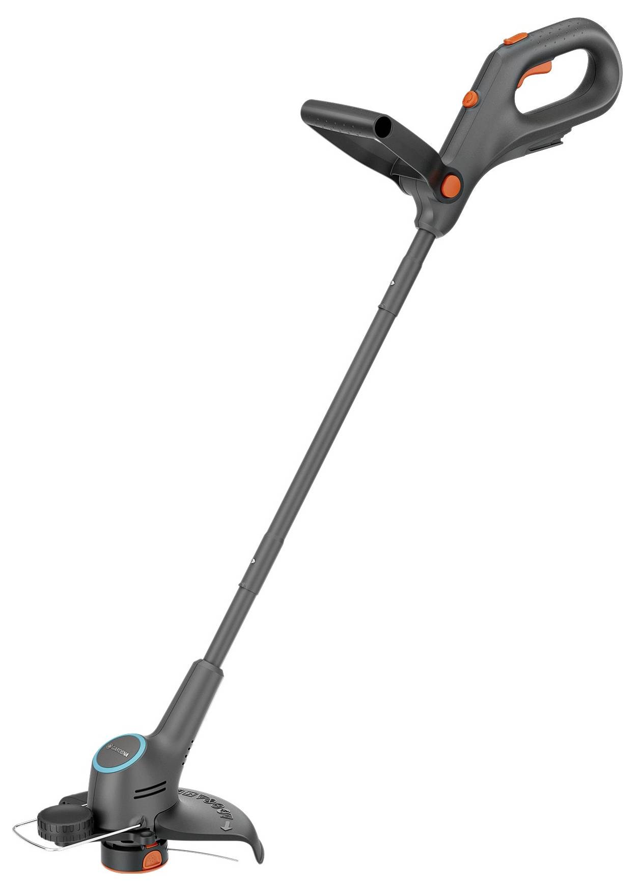Černý zahradní zastřihovač s červeným tlačítkem a ergonomickou rukojetí, vhodný pro zastřihávání trávy v obtížně dostupných prostorech.