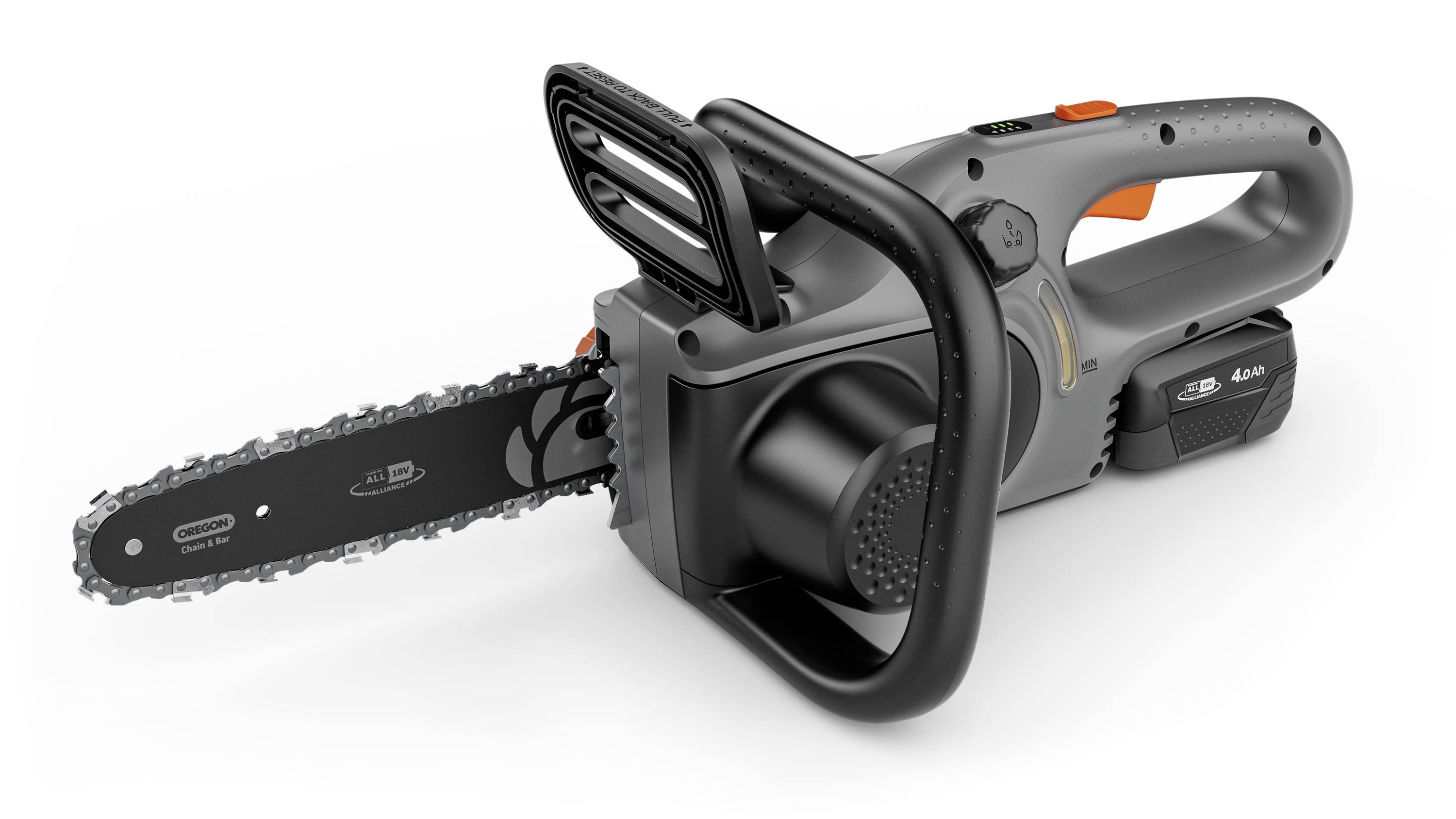 Elektrická řetězová pila s šedým krytem a černým řetězem. Napájená akumulátorem, ergonomická rukojeť, vhodná pro zahradní práce.