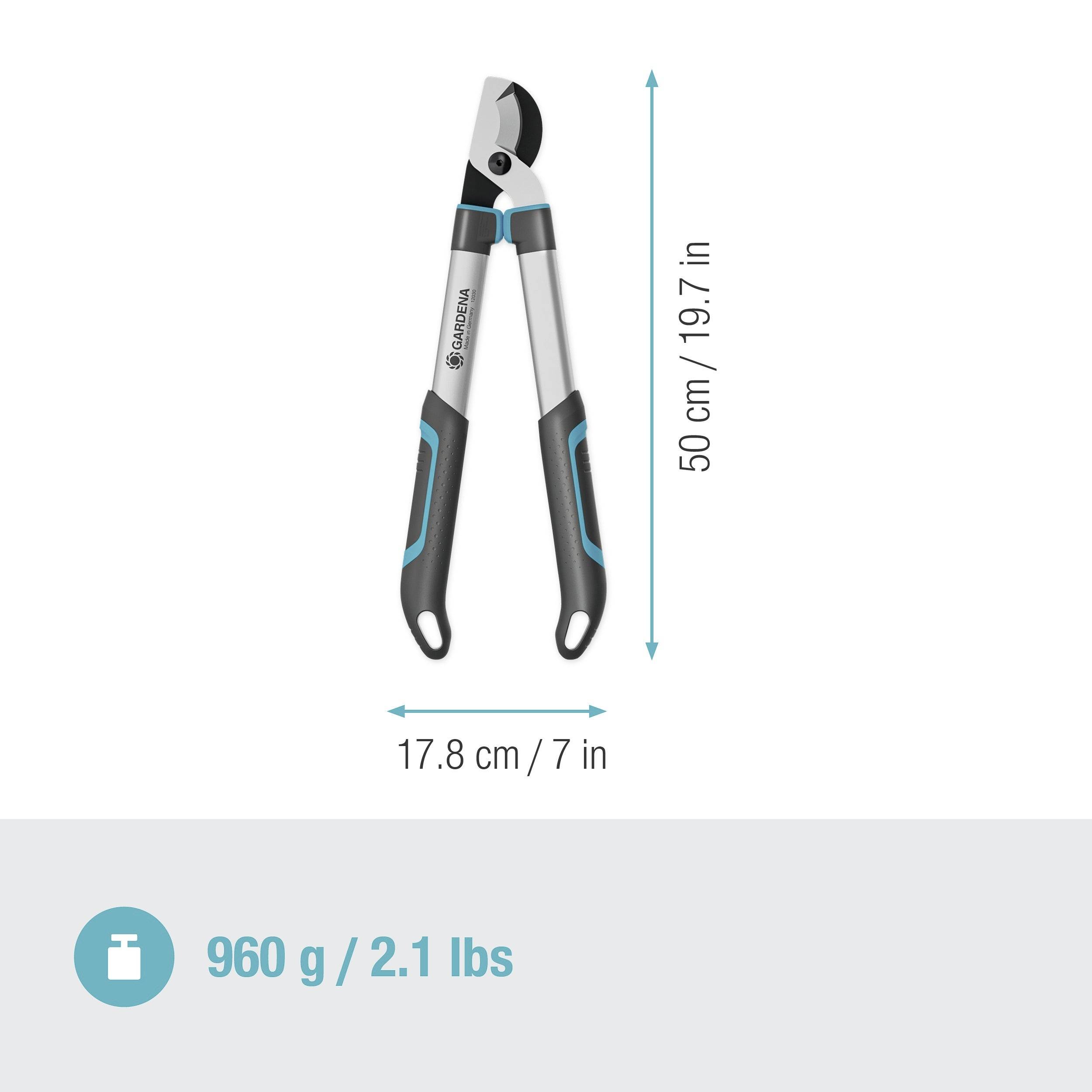 Zahradnické nůžky s ergonomickými rukojeťmi, délka 50 cm. Vhodné pro zahradní práce. Hmotnost: 960 g (2,1 liber).