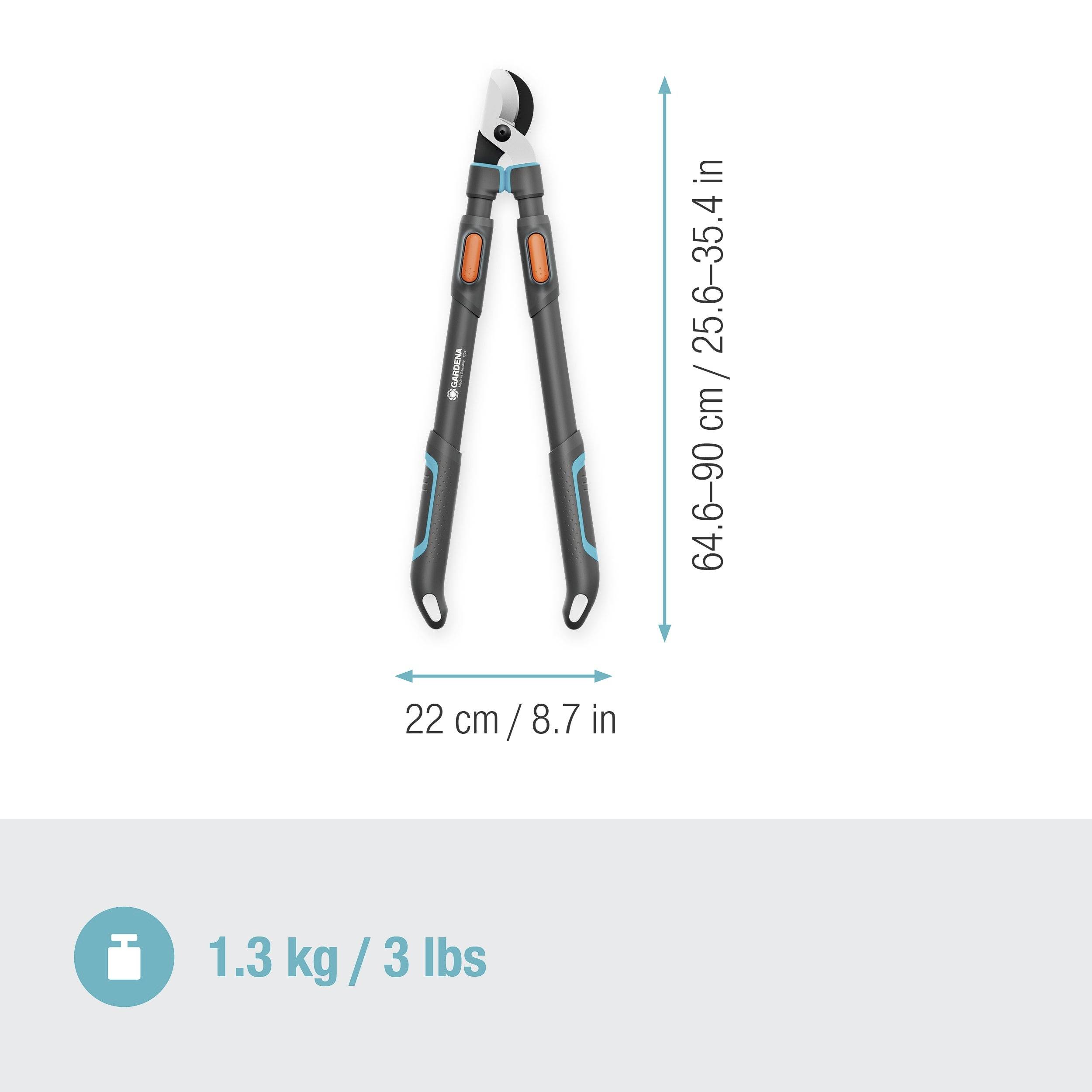 Nastavitelné nůžky na větve s ergonomickými rukojeťmi, délka: 64-90 cm, hmotnost: 1,3 kg. Vhodné pro přesné řezání větví.