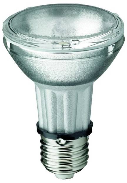 LED reflektorová lampa v klasickém tvaru žárovky s kovovým tělem s rýhovanou strukturou a průhledným skleněným krytem.