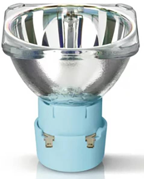 Halogenová lampa s reflexním sklem a modrým podstavcem, vhodná pro osvětlovací použití v projektorech nebo reflektorech.