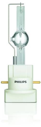 Philipsova výbojková lampa s průhledným válcovitým sklem, upevněná v bílé objímce se zlatými kontakty.