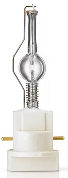 Jedna halogenová/kovová výbojková lampa s válcovou základnou a průhledným skleněným tělem, umístěná ve vzpřímené poloze.