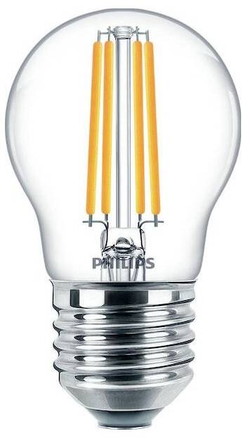 Moderní LED žárovka s průhledným skleněným povrchem zobrazuje oranžové světelné vlákno. Vhodná pro úsporné osvětlení.
