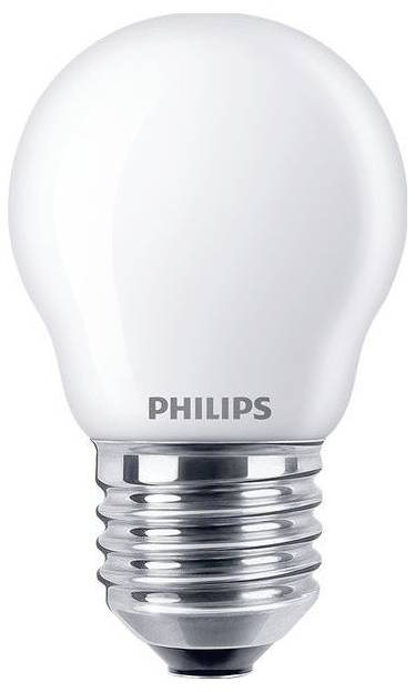 Bílá LED žárovka Philips s paticí E27, na bílém pozadí.