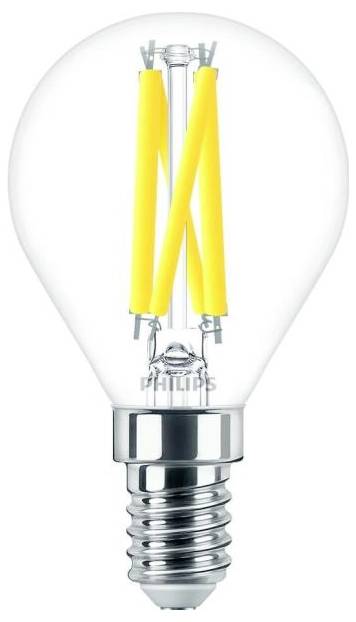 LED žárovka s viditelnými vlákny a paticí E14. Osvětlovací výrobek značky Philips.