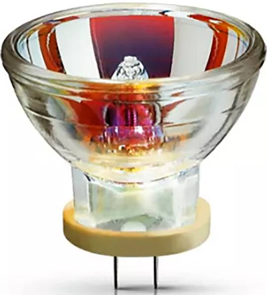 Halogenová reflektorová lampa se skleněnou objímkou GU5.3, zobrazující vnitřní komponenty a reflexní vrstvu.
