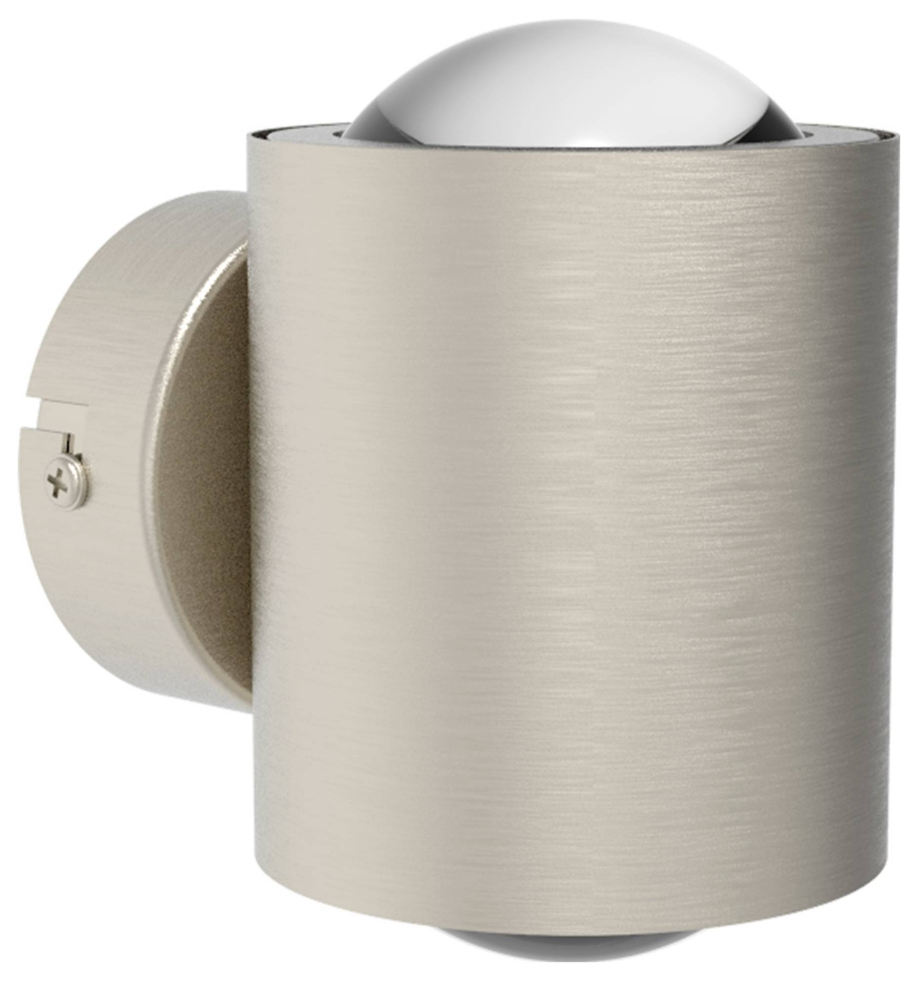 Nástěnná lampa válcovitého tvaru, s kovovým povrchem, osvětlující prostor shora i zdola, moderního a dekorativního designu.