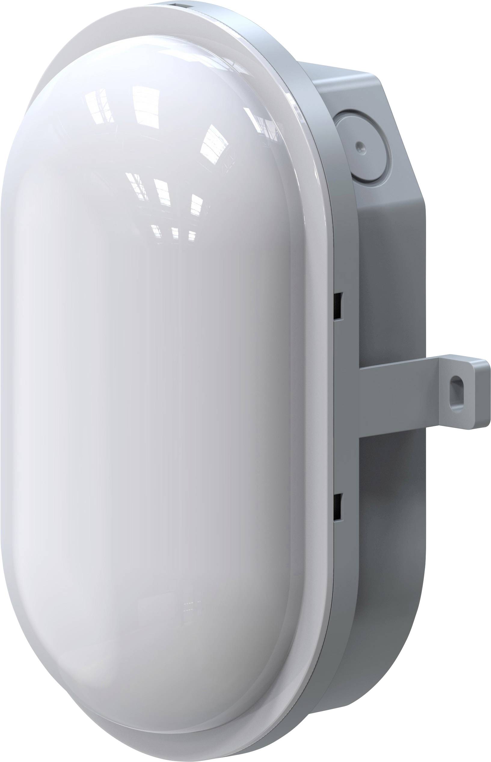 Nástěnná lampa s oválným, mléčně zabarveným skleněným tělesem a šedým kovovým pouzdrem; moderní designové osvětlení pro vnitřní i venkovní prostory.