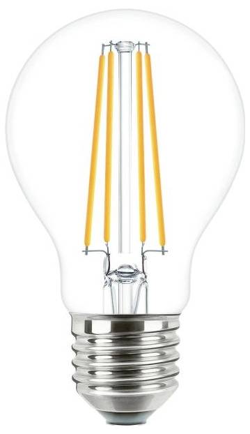Žárovka se viditelnými oranžovými vlákny a kovovým objímkou, která ukazuje moderní design.