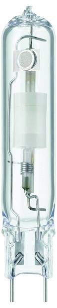 Halogenová/metalhalogenidová lampa v průhledném skleněném krytu, která odhaluje detaily vnitřního uspořádání, vhodná pro osvětlovací účely.