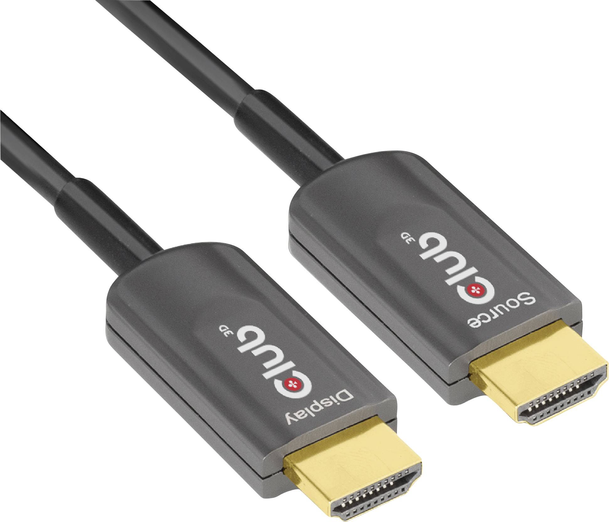 Dva HDMI kabely označené štítky 'Source' a 'Display', které podporují optický a digitální přenos signálu.