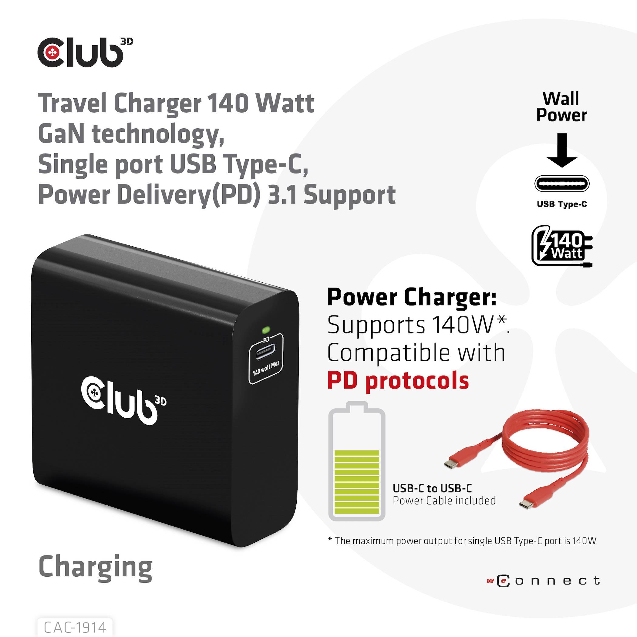club3D CAC-1914EU USB nabíječka, GaN, 1x USB-C®, 140 W, USB PD 3.1, Dodávka energie, černá-7