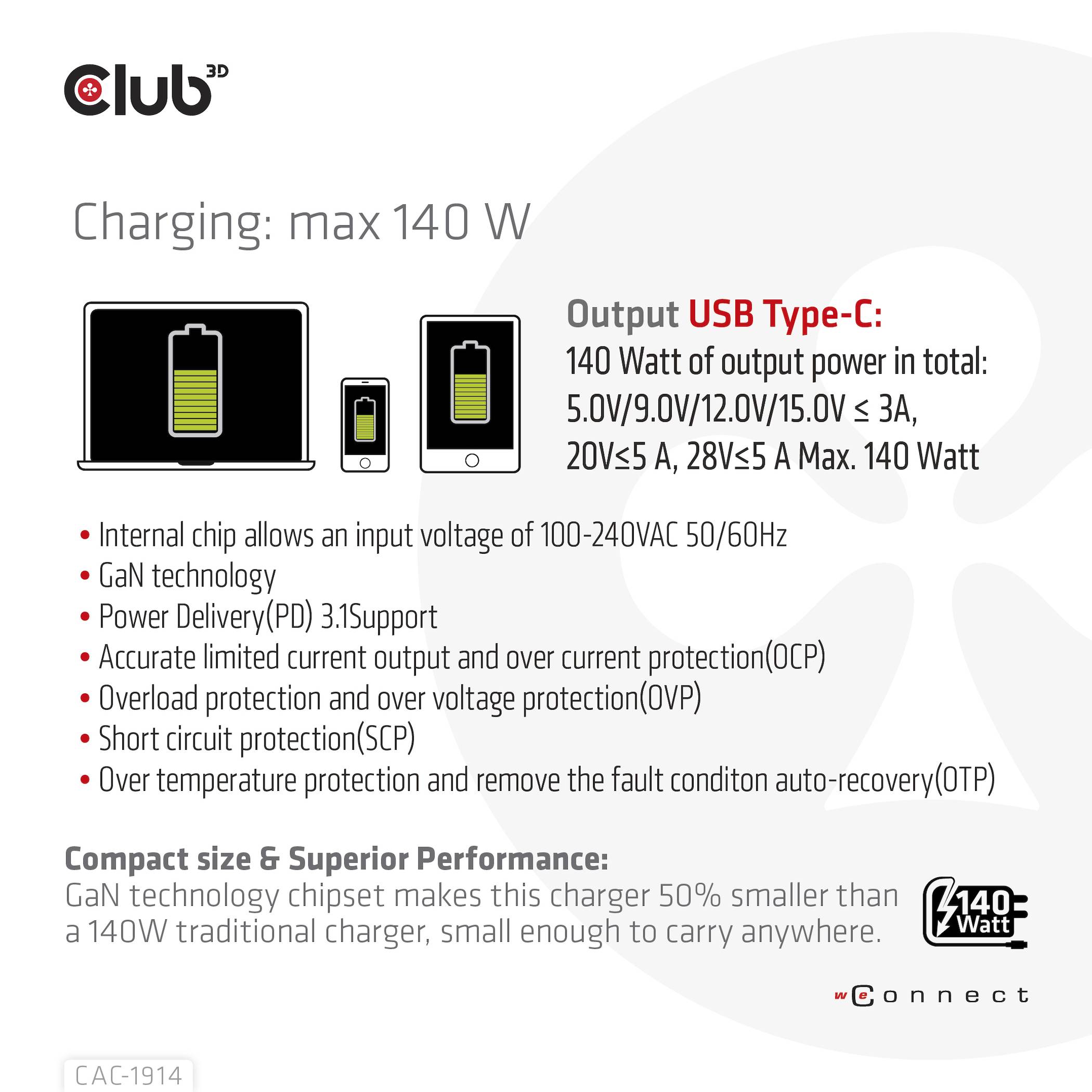 club3D CAC-1914EU USB nabíječka, GaN, 1x USB-C®, 140 W, USB PD 3.1, Dodávka energie, černá-9