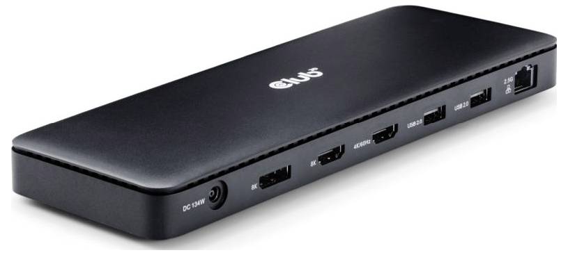 Černá dokovací stanice od 'Plugable' s několika porty, včetně HDMI, Ethernetu a USB portů, na bílém pozadí.