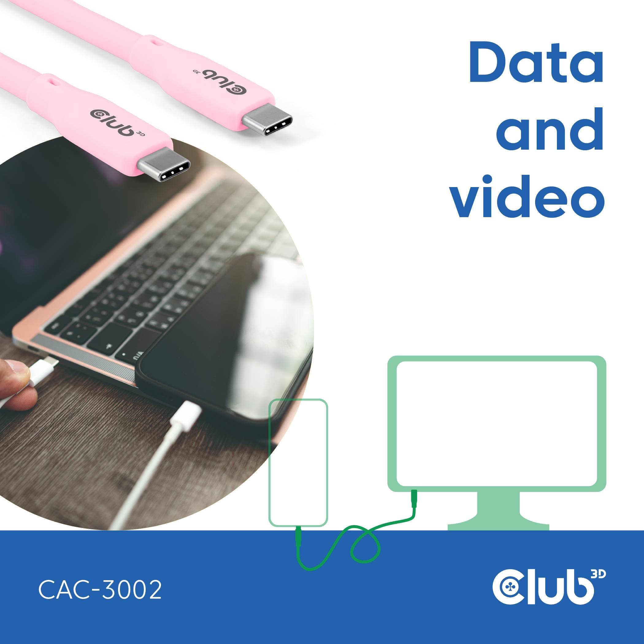 club3D Kabel USB-C USB 4.0 USB-C ® zástrčka 2.00 m růžová CAC-3002-4