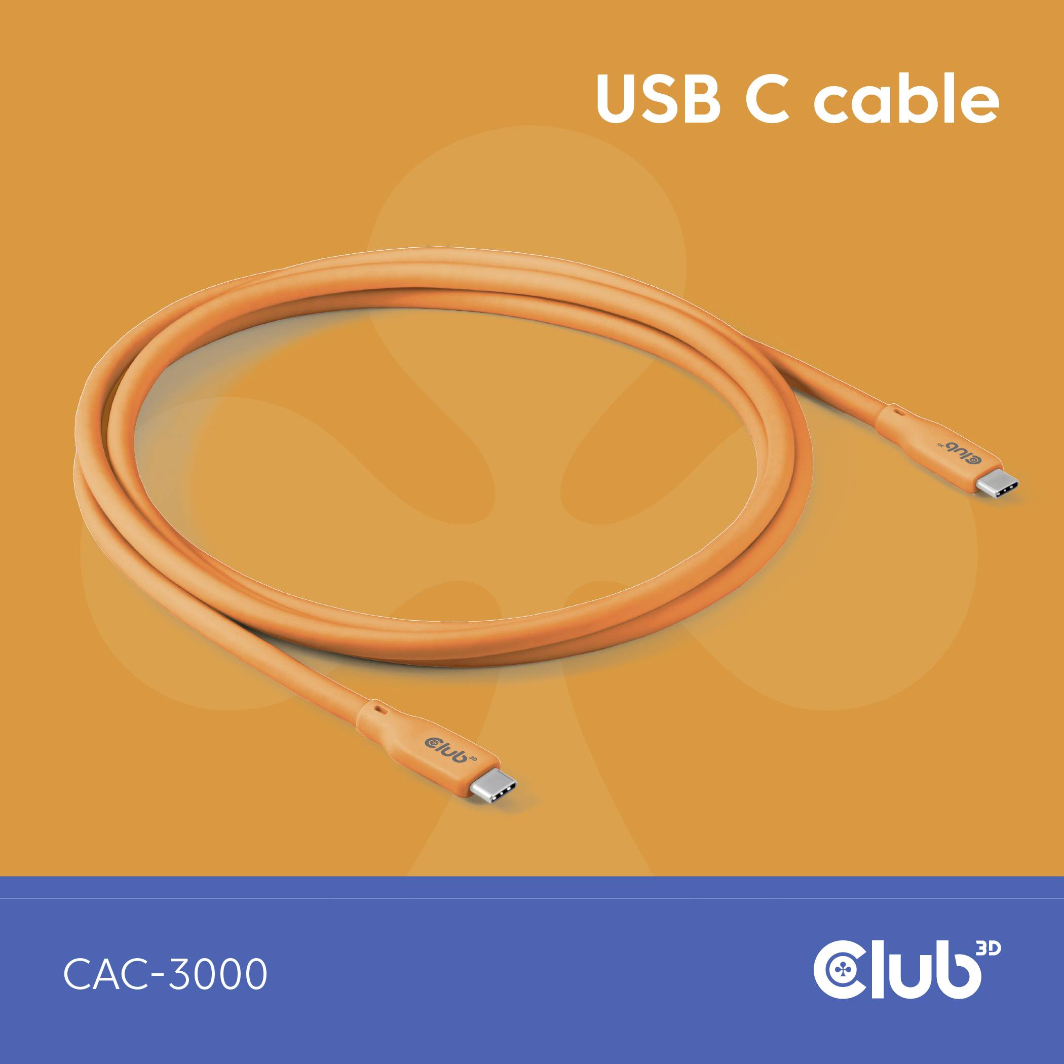 Oranžový USB-C kabel od Club3D, model CAC-3000, na oranžovém pozadí.