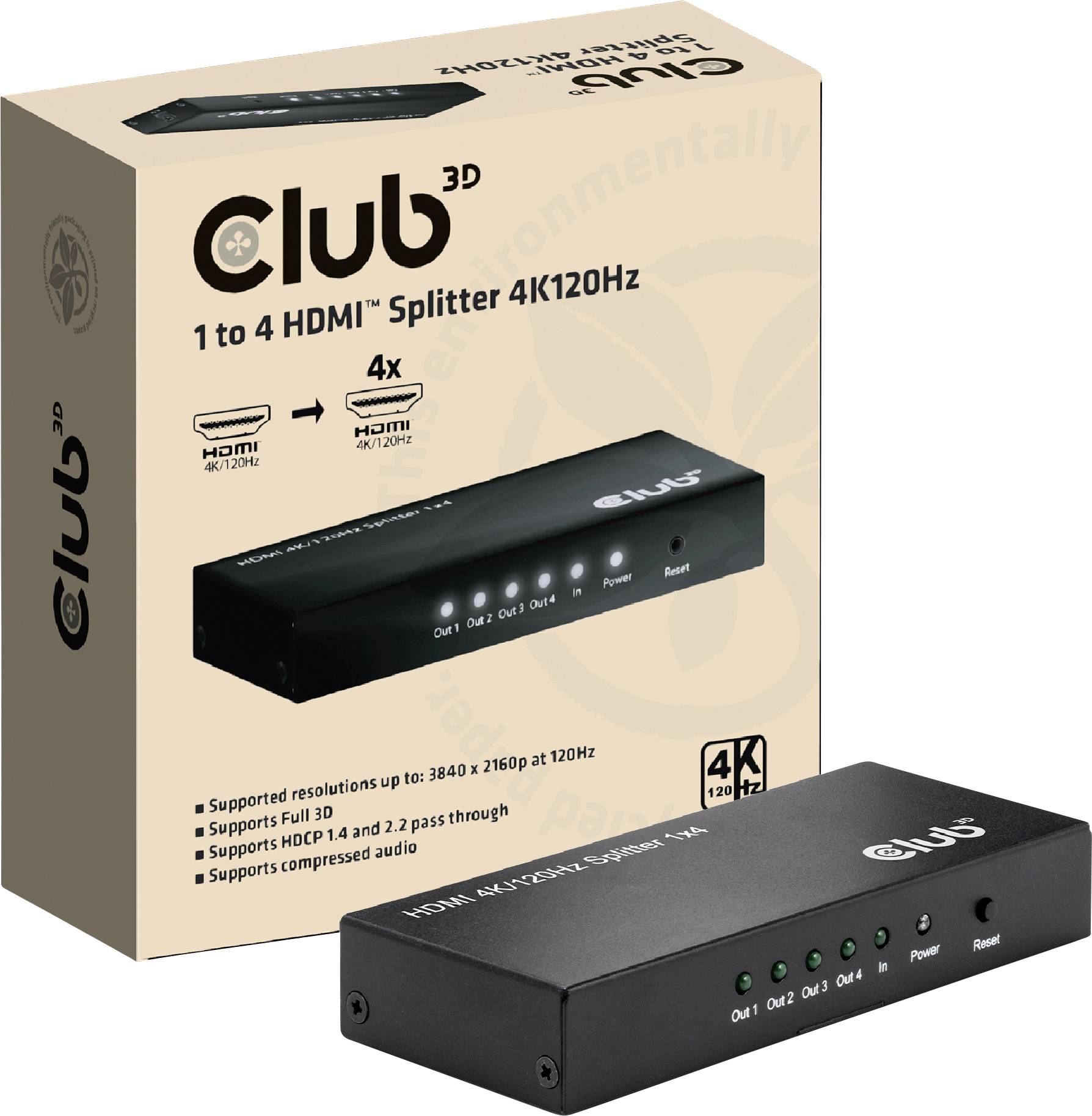 HDMI rozbočovač od společnosti Club3D, který rozděluje 1 vstup na 4 výstupy s rozlišením 4K při 120 Hz, zobrazený vedle své obalu.
