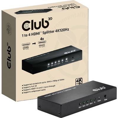 HDMI rozbočovač od společnosti Club3D, který rozděluje 1 vstup na 4 výstupy s rozlišením 4K při 120 Hz, zobrazený vedle své obalu.