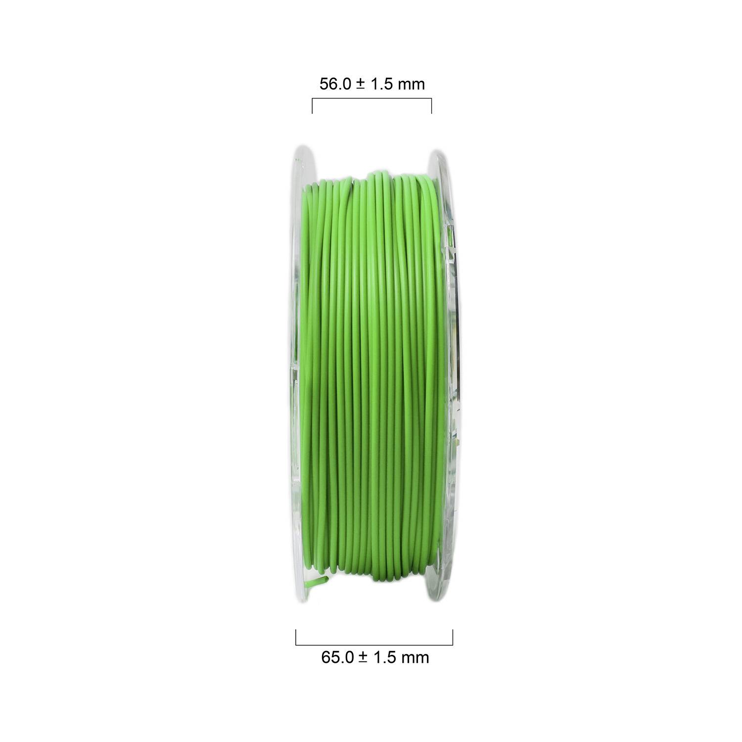 Cívka se zeleným filamentem, průměr 65 mm ± 1,5 mm, šířka 56 mm ± 1,5 mm.
