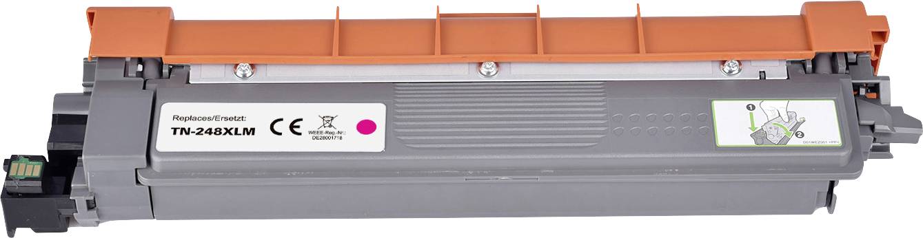 Šedý tiskový toner s oranžovou rukojetí, kompatibilní s modelem TN-245XLM. Vhodný pro použití v určitých modelech tiskáren.
