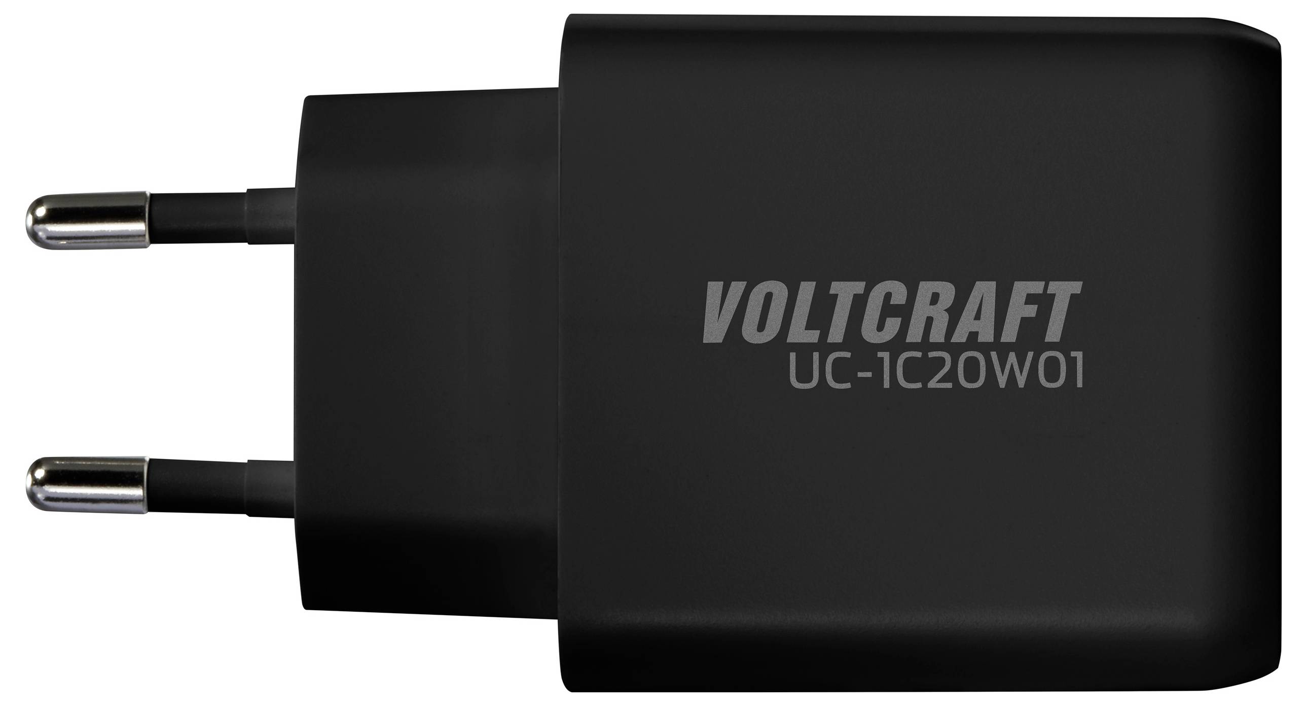 Černá USB nabíječka od VOLTCRAFT, modelové číslo UC-1C20W01, s evropskou zástrčkou.