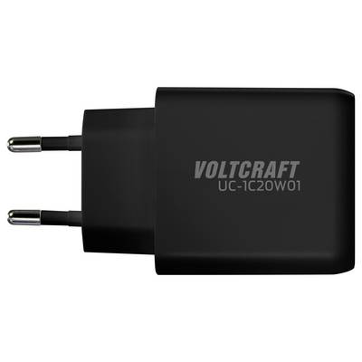 Černá USB nabíječka od VOLTCRAFT, modelové číslo UC-1C20W01, s evropskou zástrčkou.