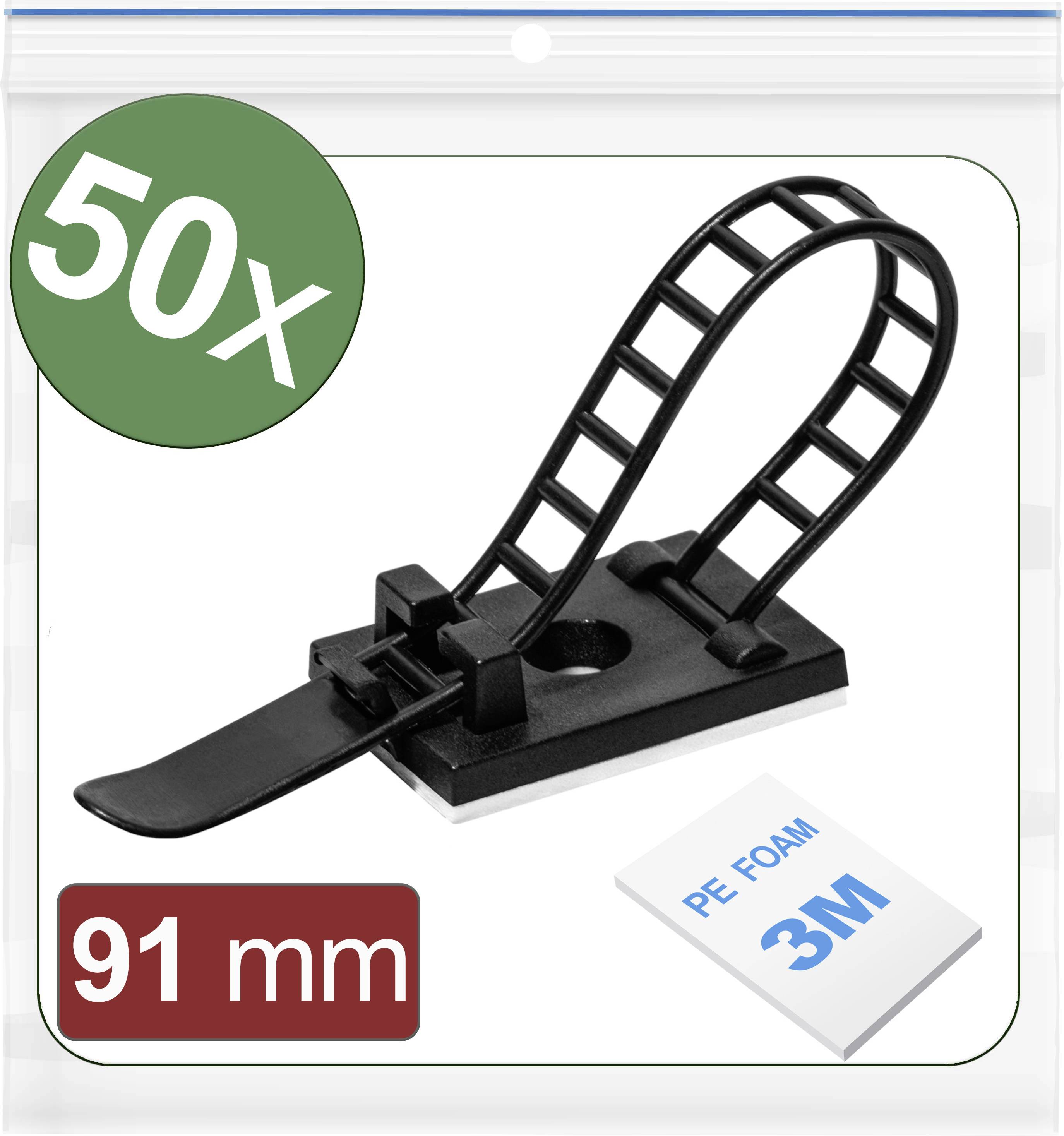 50 černých kabelových spon s nastavitelným popruhem, délka 91 mm, vhodných pro řádné vedení kabelů na zadní straně z PE pěny.