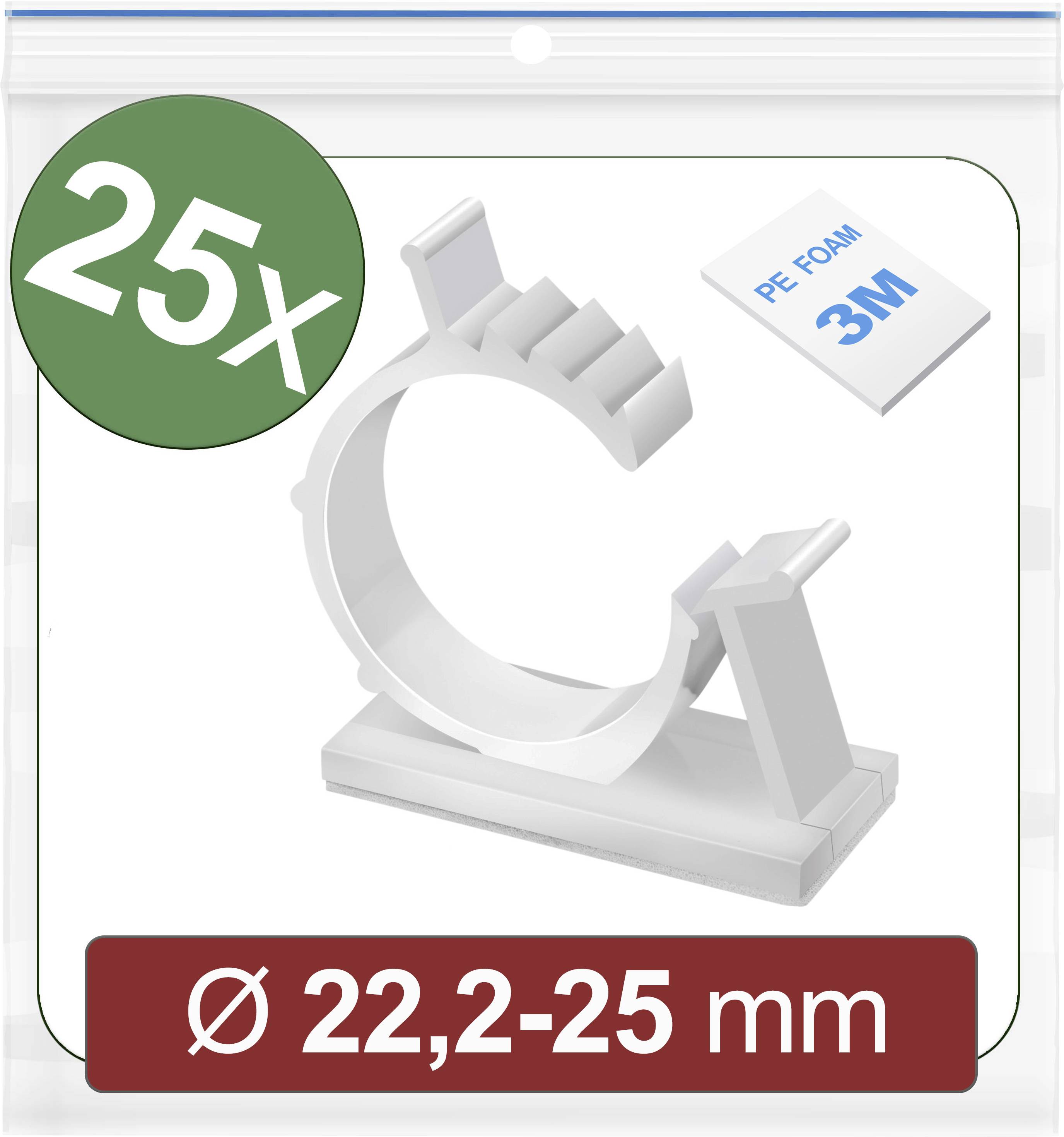 25 plastových kabelových svorek vhodných pro průměr kabelu 22,2-25 mm, s lepicími pásky z PE pěny 3M v pozadí.
