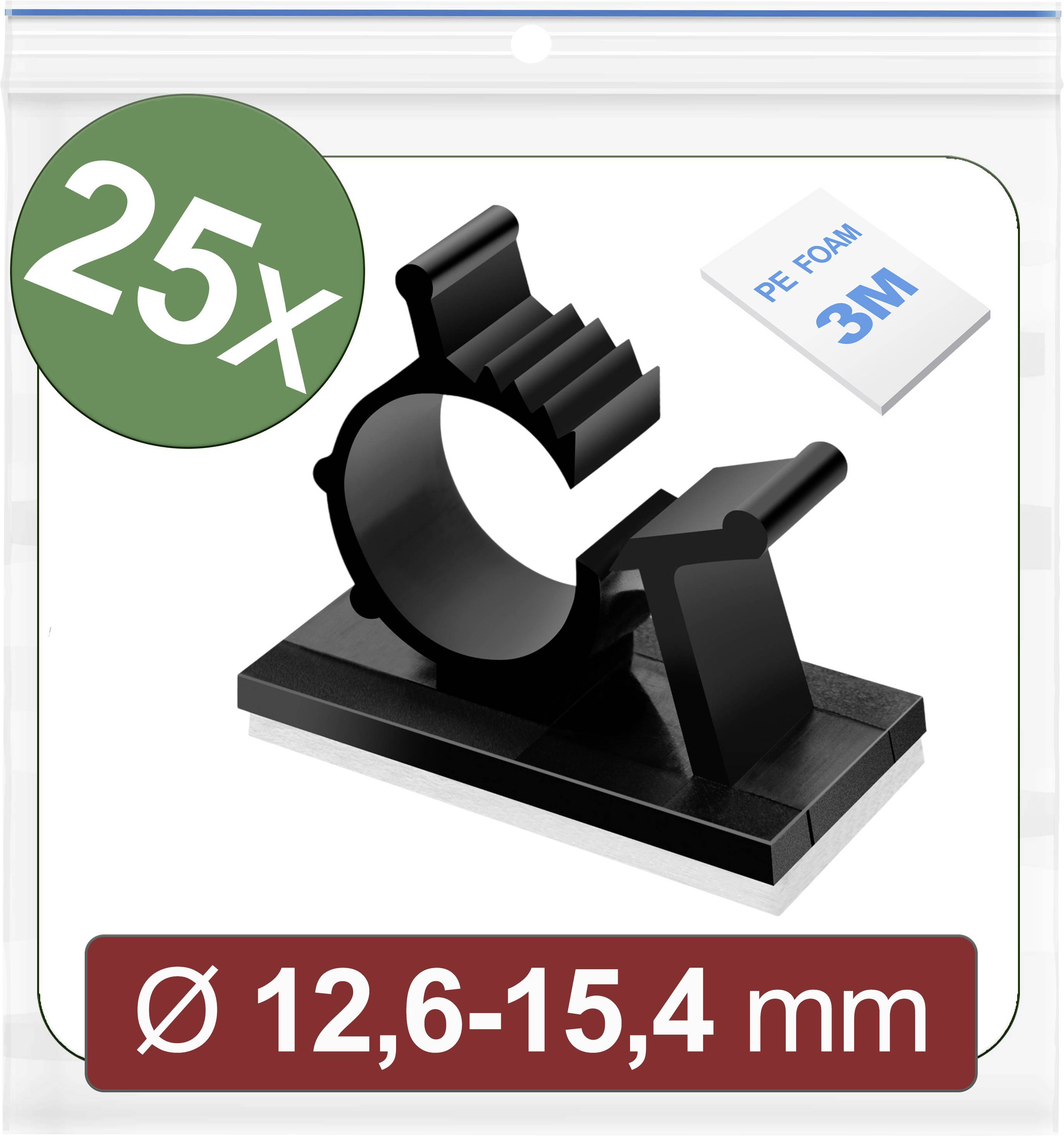 25 černých kabelových spon s lepicími podložkami, vhodných pro průměr od 12,6 do 15,4 mm.
